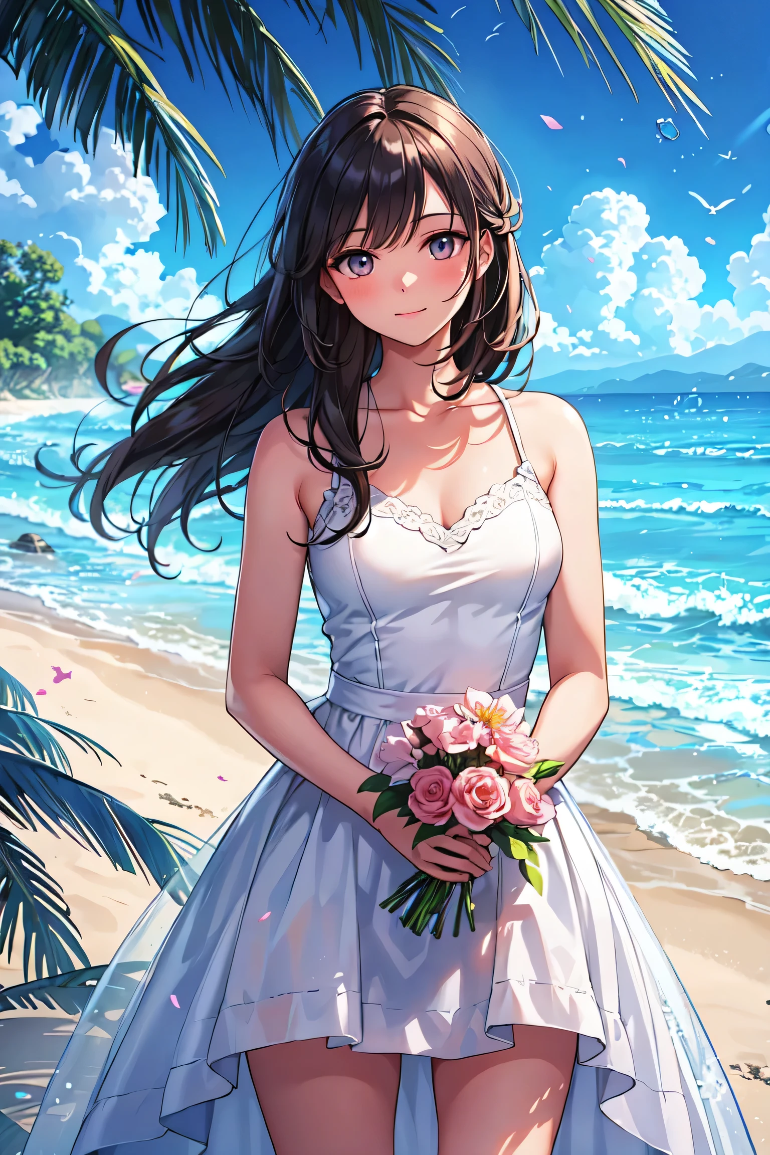 beautiful young woman, White dresses and dresses, in the beautiful beach, Long and neat hair., flirtatious, Soft smile, holding flowers, Ultra HD, realistic, Bright colors, Highly detailed, UHD Drawing, perfect composition, Sophisticated with beautiful details
