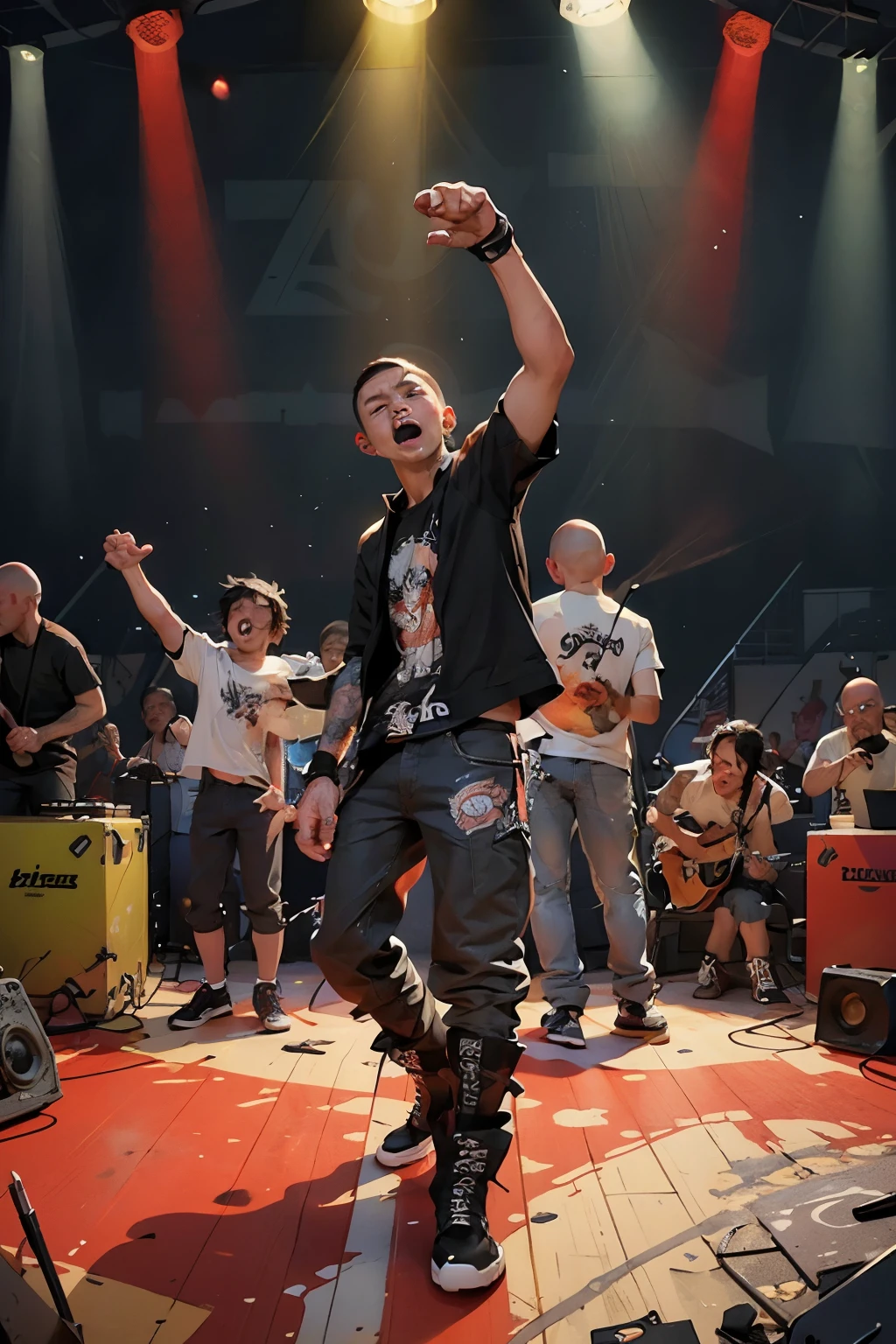 ((best quality)), ((masterpiece)), (detailed), ((best quality)), ((masterpiece)), (detailed), the skinhead group band singing, the exploited punk rock band(boys), full body, raise punch hand on the stage(posters)sound system, black boots, semi bald hair(red color), in the concert, crowded people, many lightings