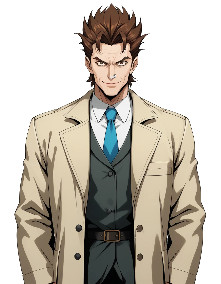 1man, veteran mature detective, muscular, boned nose, wavy slicked back spiked hair, yellow_brown hair, BREAK shihaku, brown eyes, dandy, virile, stubble, square shaped, large eyes, ugly, rough skin, facial wrinkles, ideal ratio body proportions, ordinaly, cute uncle, beautiful detailed eyes, broad waist, 40yo dude, BREAK solo, upperlegs, white collared shirt, blue necktie, trench coat, dark worn-out suit, cute smile, standing, BREAK dandy posing, in eroge style, 2000s, cinematic concept art, masterpiece, best quality, BREAK score_9, score_8_up, score_7_up, source_anime, score_6_up, score_5_up, score_4_up