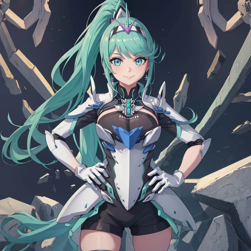 masterpiece, Highest quality, One girl, alone, Pneumadef, ponytail, tiara, Earrings, Chest jewels, armor, gloves, Hands on hips, View your viewers, smile