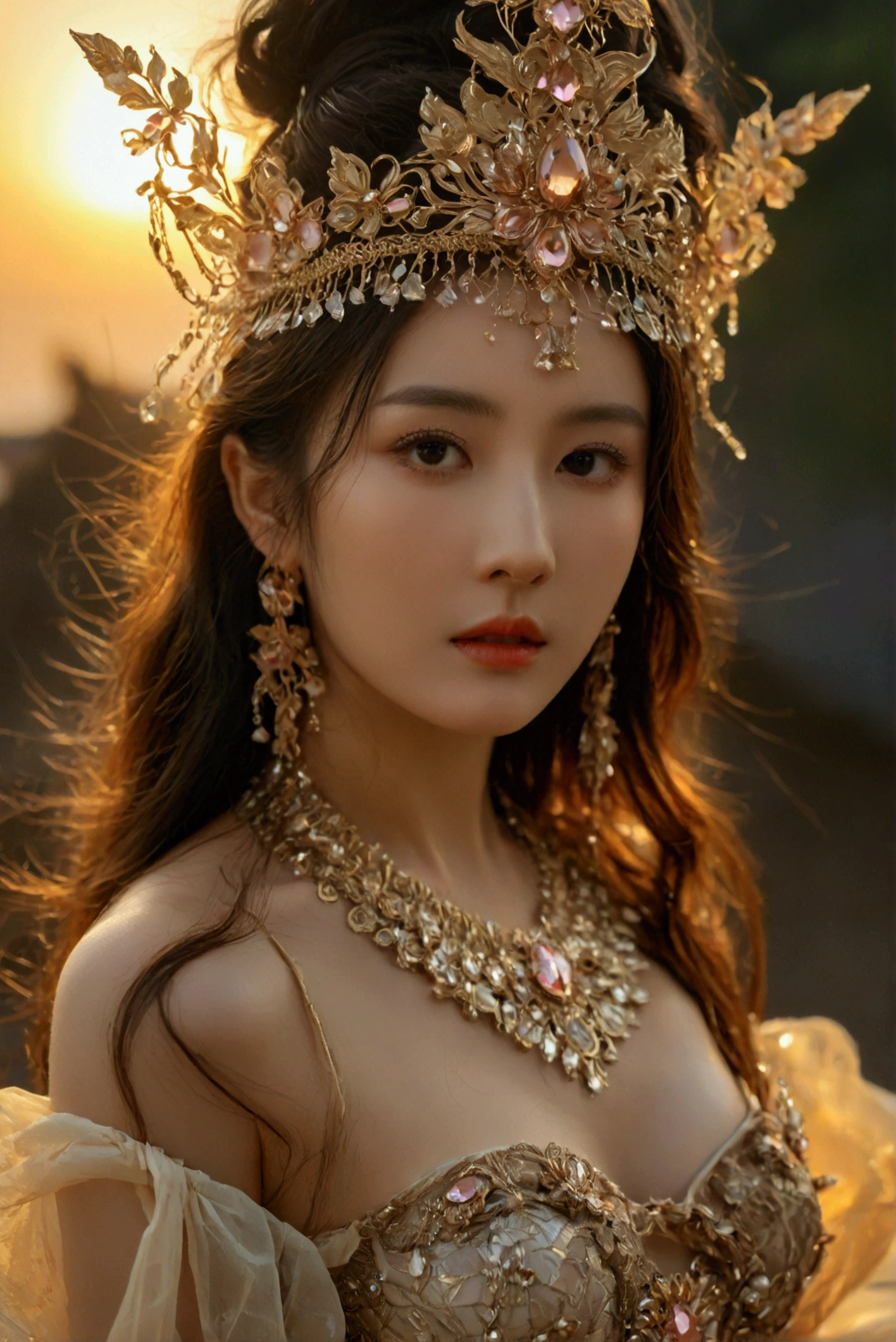 best quality, Masterpiece, Ultra high resolution, (realism: 1.4), original photo, 1 girl, movie light, at sunset, in the dark, deep shadow, Create high resolution photos, A beautiful young woman wearing a sexy Thai princess costume., The see-through fabric is so thin that the wearer'Cracks and skin can be seen.., She spread her legs slightly wide to show off her legs.., She has a slim, beautiful, and delicate face.., sharp eyes, long hair, responsive face, high nose, and thin lips, Her breasts are 32 inches long with pink nipples.., Her waist is 24 inches.., Her hips are 33 inches.., Her skin was white and radiant.., She has light brown hair.., And her figure was slim and slightly muscular..