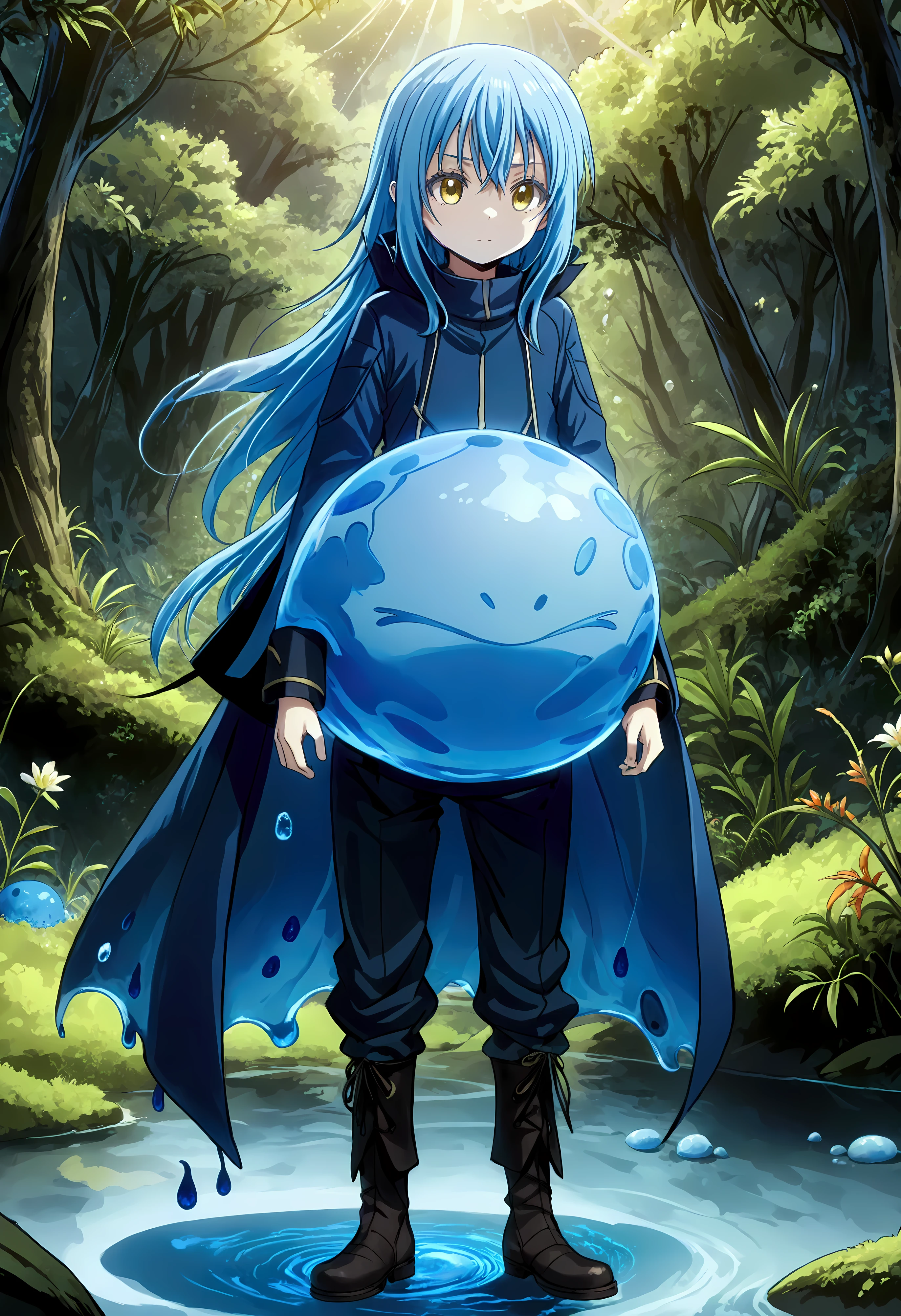 Create a stunning, ultra-high-definition image in 16K resolution that captures the magical and adventurous atmosphere of the fantasy world from the series "That Time I Got Reincarnated as a Slime" with a realistic photo aesthetic. | Visualize Rimuru Tempest, the protagonist, in both his slime and human forms. As a slime, Rimuru is a small, blue, translucent creature with a cute and friendly appearance. In his human form, Rimuru has short, blue hair, golden eyes, and a youthful, androgynous look. He is dressed in stylish yet practical adventurer's attire, featuring a dark cloak, a light tunic, and sturdy boots, blending traditional fantasy elements with subtle contemporary touches. | The scene is set in a lush, enchanted forest with vibrant, glowing flora, and mystical creatures in the background. The environment exudes a sense of wonder and magic. | Capture Rimuru in a dynamic and confident pose, perhaps with his human form standing protectively in front of his slime form. His expression should convey a mix of determination and friendliness, with a hint of curiosity. The camera angle should emphasize both forms, highlighting the details of his attire and his dual nature. | The overall ambiance should integrate rich, vibrant colors and intricate details, creating a sense of depth and immersion in this fantastical setting. Ensure anatomical correctness, with a focus on ultra-detailed textures and high-quality rendering, capturing every nuance of Rimuru's appearance and his magical surroundings. This masterpiece should embody the spirit of adventure and transformation, immersing viewers in its lifelike depiction. | Keywords: (Rimuru Tempest:1.3), ((realistic photo)), ((blue slime):1.2), ((fantasy world)), ((confident pose)).