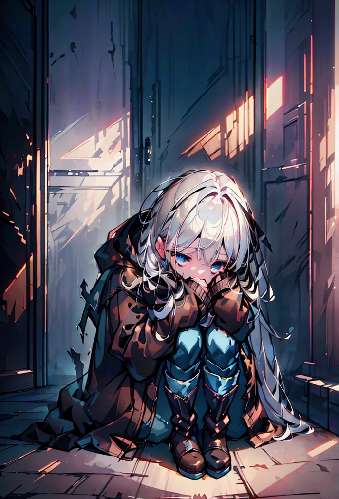 ((suspense scene ((CONCEPT ART)), extremely detailed with a girl wearing blue jeans, and brown coat and boots)), (better lighting, better shadow, an extremely delicate and scary), (digital illustration), ((4k painting)), [(dynamic angle,((1girl)),white hair, (beautiful face, perfect face, scared,) expression of fear, torn clothes, a gun in hand, sitting on the floor, darkness, scary house),  [:(dark, mysterious, game paint, sinister setting, jagged corridors, big house, deadly silence):]