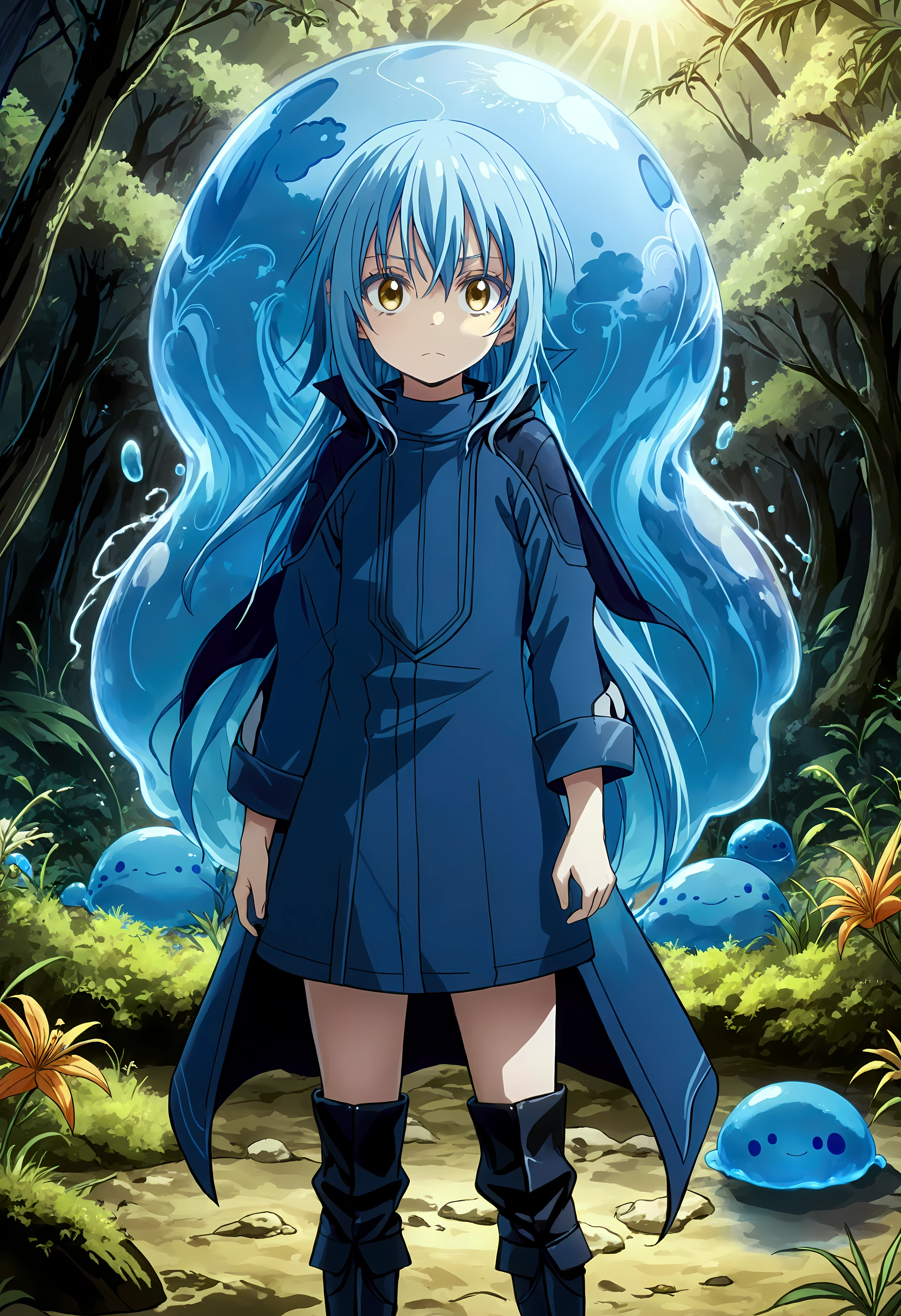 Create a stunning, ultra-high-definition image in 16K resolution that captures the magical and adventurous atmosphere of the fantasy world from the series "That Time I Got Reincarnated as a Slime" with a realistic photo aesthetic. | Visualize Rimuru Tempest, the protagonist, in both his slime and human forms. As a slime, Rimuru is a small, blue, translucent creature with a cute and friendly appearance. In his human form, Rimuru has short, blue hair, golden eyes, and a youthful, androgynous look. He is dressed in stylish yet practical adventurer's attire, featuring a dark cloak, a light tunic, and sturdy boots, blending traditional fantasy elements with subtle contemporary touches. | The scene is set in a lush, enchanted forest with vibrant, glowing flora, and mystical creatures in the background. The environment exudes a sense of wonder and magic. | Capture Rimuru in a dynamic and confident pose, perhaps with his human form standing protectively in front of his slime form. His expression should convey a mix of determination and friendliness, with a hint of curiosity. The camera angle should emphasize both forms, highlighting the details of his attire and his dual nature. | The overall ambiance should integrate rich, vibrant colors and intricate details, creating a sense of depth and immersion in this fantastical setting. Ensure anatomical correctness, with a focus on ultra-detailed textures and high-quality rendering, capturing every nuance of Rimuru's appearance and his magical surroundings. This masterpiece should embody the spirit of adventure and transformation, immersing viewers in its lifelike depiction. | Keywords: (Rimuru Tempest:1.3), ((realistic photo)), ((blue slime):1.2), ((fantasy world)), ((confident pose)).