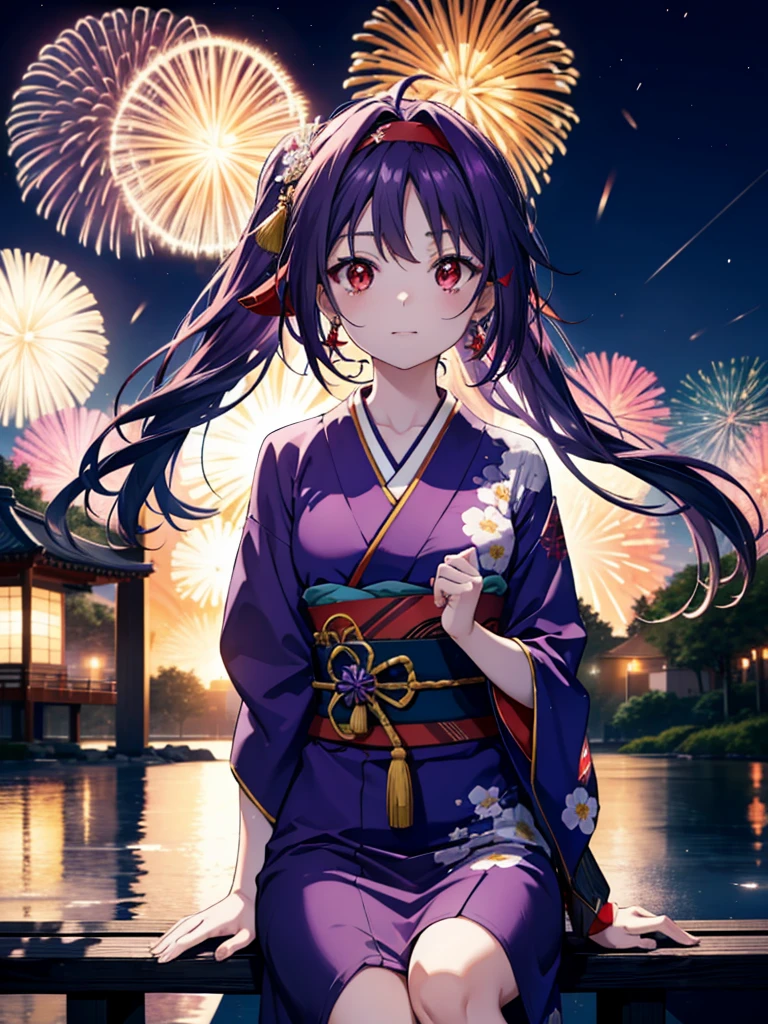 yuukikonno, Yuuki Konno, hair band, Long Hair, Pointed Ears, Purple Hair, Ahoge,(Red eyes:1.5), (Small breasts:1.2),low twin tail,smile,blush,Open your mouth,Purple Kimono,Purple long skirt,Fireworks in the night sky,Fireworks,The place is a fireworks display,Time is night,sunny day,Sitting on a bench,Wind Chimes,whole bodyがイラストに入るよう,
break looking at viewer, , whole body, (Cowboy Shot:1. 5)
break indoors, Veranda,Japanese garden,
break (masterpiece:1.2), Highest quality, High resolution, unity 8k wallpaper, (figure:0.8), (Beautiful attention to detail:1.6), Highly detailed face, Perfect lighting, Highly detailed CG, (Perfect hands, Perfect Anatomy),