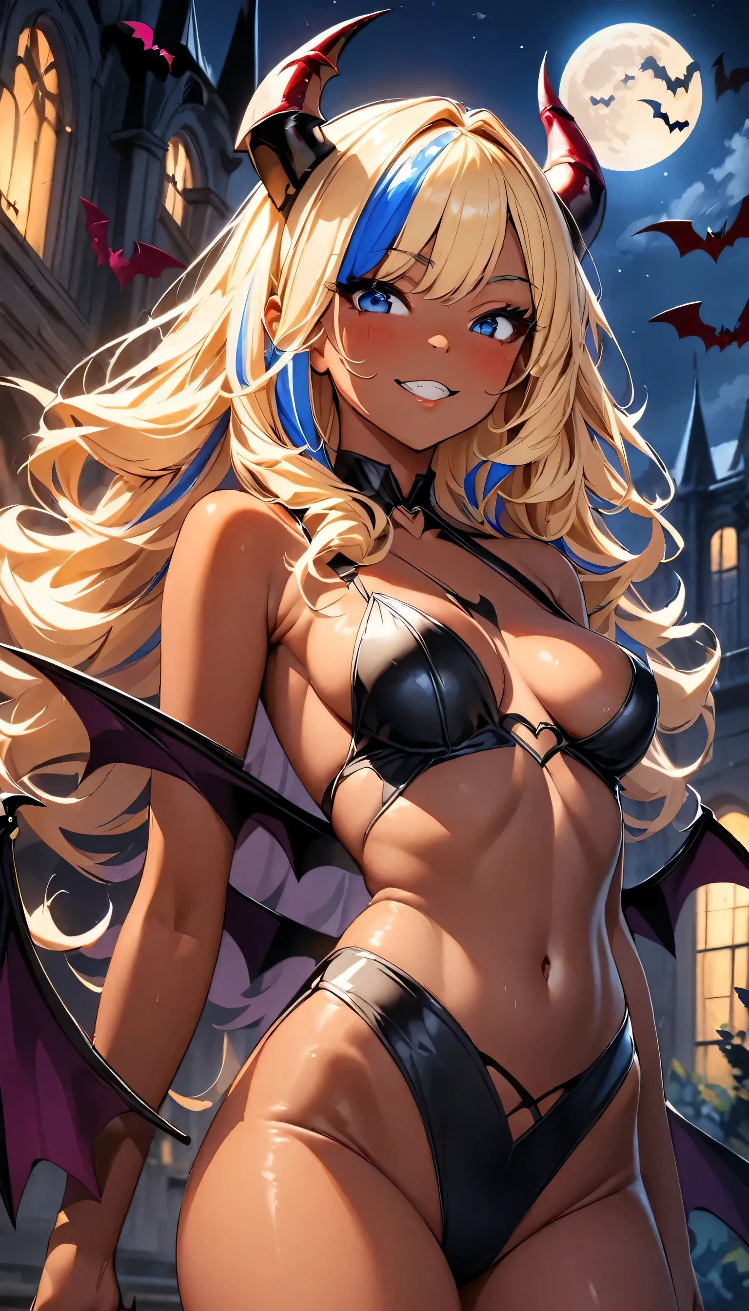 (highest quality:1.2, Very detailed, up to date, Vibrant, Ultra-high resolution, High Contrast, masterpiece:1.2, highest quality, Best aesthetics), Portraiture、girl、slim, Bright colors、Beautiful fine details、Beautiful lip detail、long hair, ((wavy hair:0.4))、messy hair, blonde and blue ((streaked hair:1.3)), highlights hair: 1.3, (medium breast:1), (tan skin:1.3), ((sexy succubus:1)), black costume, grin, devil's horns, night, moon light, old mansion, (Many bats are flying behind), (cowboy shot:1.3),