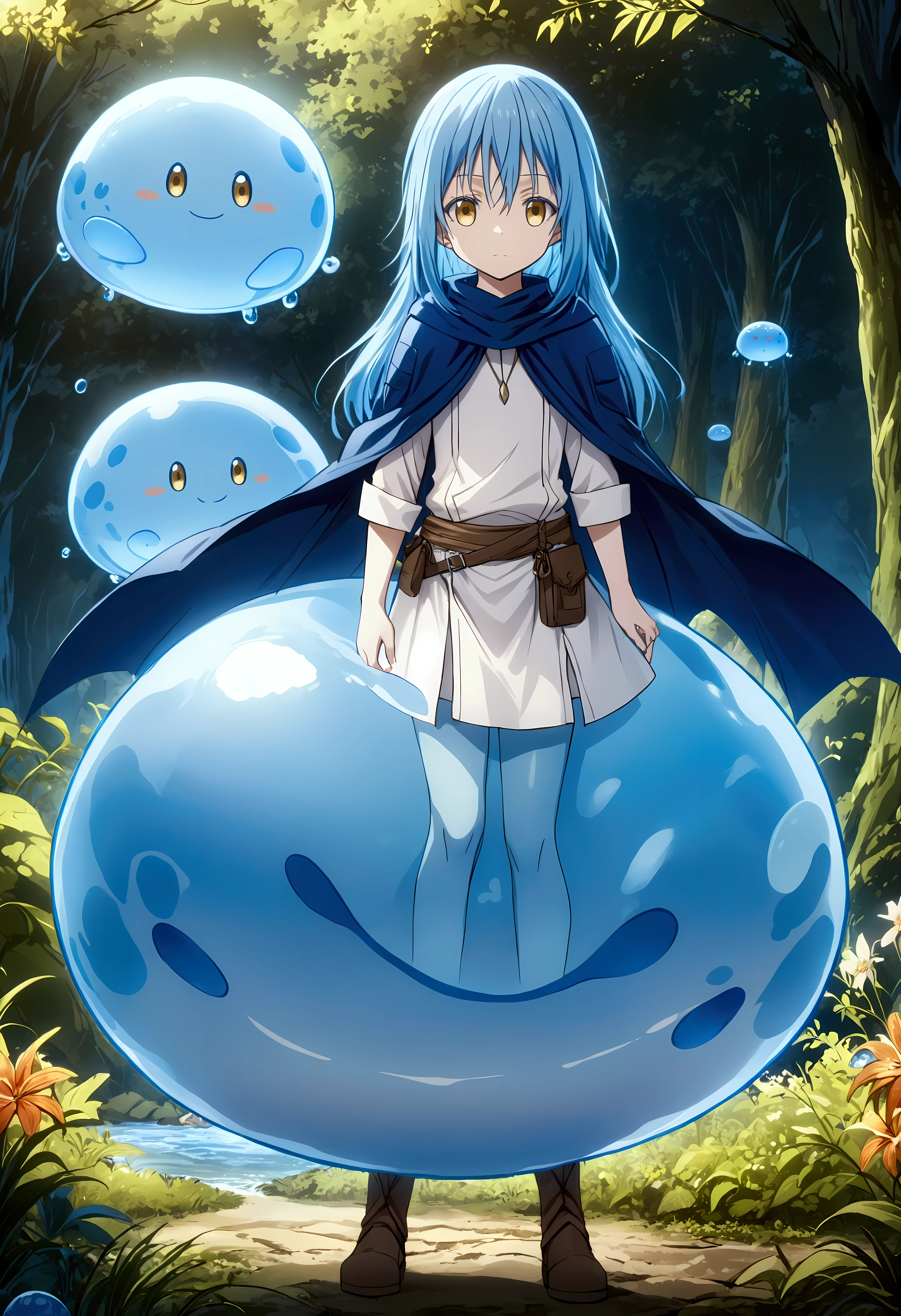 Create a stunning, ultra-high-definition image in 16K resolution that captures the magical and adventurous atmosphere of the fantasy world from the series "That Time I Got Reincarnated as a Slime" with a realistic photo aesthetic. | Visualize Rimuru Tempest, the protagonist, in both his slime and human forms. As a slime, Rimuru is a small, blue, translucent creature with a cute and friendly appearance. In his human form, Rimuru has short, blue hair, golden eyes, and a youthful, androgynous look. He is dressed in stylish yet practical adventurer's attire, featuring a dark cloak, a light tunic, and sturdy boots, blending traditional fantasy elements with subtle contemporary touches. | The scene is set in a lush, enchanted forest with vibrant, glowing flora, and mystical creatures in the background. The environment exudes a sense of wonder and magic. | Capture Rimuru in a dynamic and confident pose, perhaps with his human form standing protectively in front of his slime form. His expression should convey a mix of determination and friendliness, with a hint of curiosity. The camera angle should emphasize both forms, highlighting the details of his attire and his dual nature. | The overall ambiance should integrate rich, vibrant colors and intricate details, creating a sense of depth and immersion in this fantastical setting. Ensure anatomical correctness, with a focus on ultra-detailed textures and high-quality rendering, capturing every nuance of Rimuru's appearance and his magical surroundings. This masterpiece should embody the spirit of adventure and transformation, immersing viewers in its lifelike depiction. | Keywords: (Rimuru Tempest:1.3), ((realistic photo)), ((blue slime):1.2), ((fantasy world)), ((confident pose)).