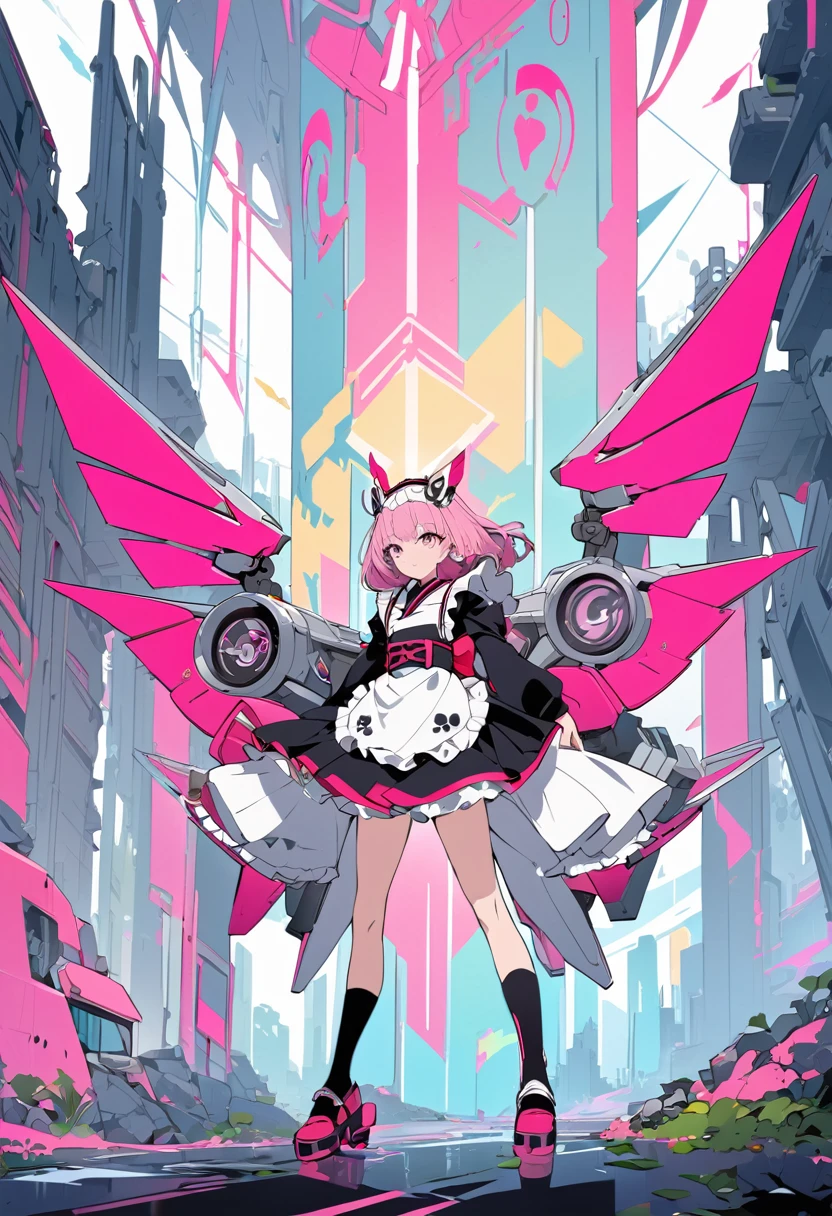 (masterpiece, best quality:1.1), (ultra highres, ultra-detailed:1.2),pop-art,flatcolor,one girl,tween,short hight,(wearing japanese maid costume),eyes glow pink,has mecha wings,owl symbol, BREAK in mechanical ruins,absurdity, extraordinary,dynamic angle,(pose),