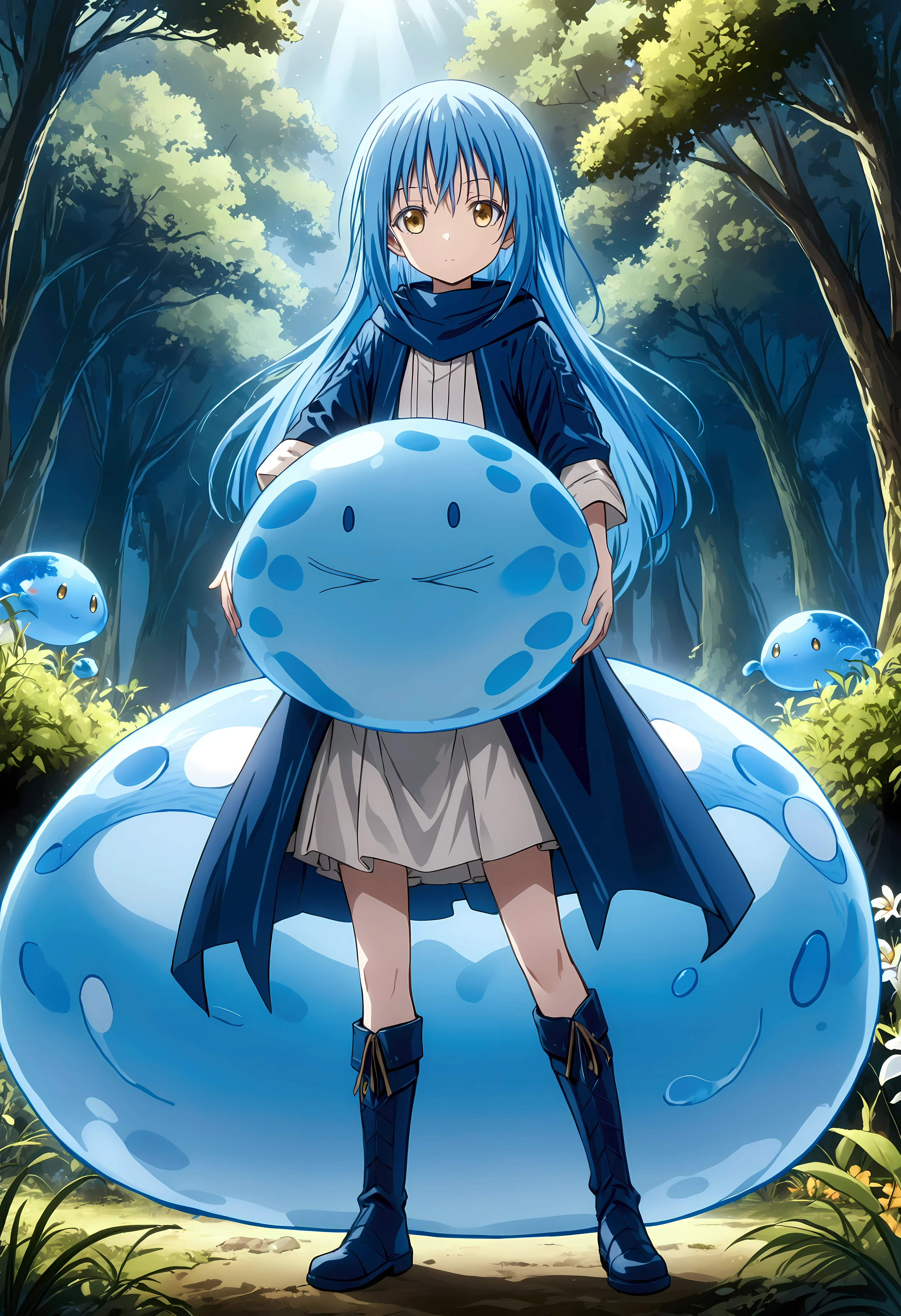 Create a stunning, ultra-high-definition image in 16K resolution that captures the magical and adventurous atmosphere of the fantasy world from the series "That Time I Got Reincarnated as a Slime" with a realistic photo aesthetic. | Visualize Rimuru Tempest, the protagonist, in both his slime and human forms. As a slime, Rimuru is a small, blue, translucent creature with a cute and friendly appearance. In his human form, Rimuru has short, blue hair, golden eyes, and a youthful, androgynous look. He is dressed in stylish yet practical adventurer's attire, featuring a dark cloak, a light tunic, and sturdy boots, blending traditional fantasy elements with subtle contemporary touches. | The scene is set in a lush, enchanted forest with vibrant, glowing flora, and mystical creatures in the background. The environment exudes a sense of wonder and magic. | Capture Rimuru in a dynamic and confident pose, perhaps with his human form standing protectively in front of his slime form. His expression should convey a mix of determination and friendliness, with a hint of curiosity. The camera angle should emphasize both forms, highlighting the details of his attire and his dual nature. | The overall ambiance should integrate rich, vibrant colors and intricate details, creating a sense of depth and immersion in this fantastical setting. Ensure anatomical correctness, with a focus on ultra-detailed textures and high-quality rendering, capturing every nuance of Rimuru's appearance and his magical surroundings. This masterpiece should embody the spirit of adventure and transformation, immersing viewers in its lifelike depiction. | Keywords: (Rimuru Tempest:1.3), ((realistic photo)), ((blue slime):1.2), ((fantasy world)), ((confident pose)).