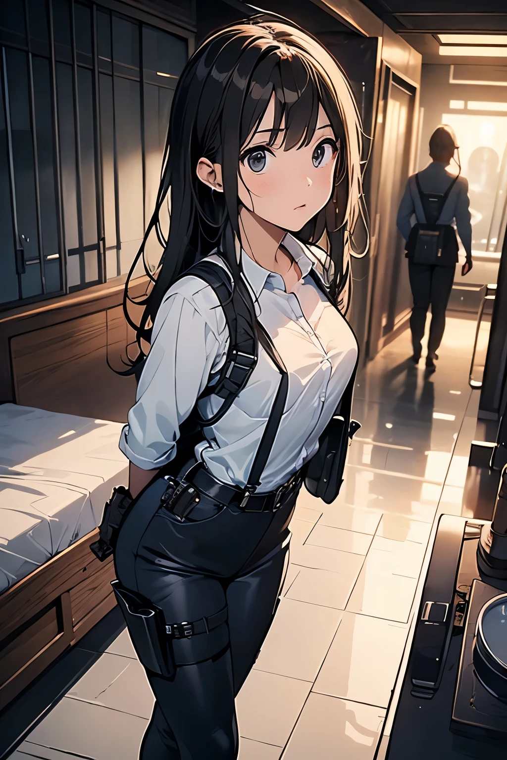 1 female, , high quality, masterpiece, Ultra-high resolution, , Cinema Lighting, , , And the suspenders with the cranes flying Large Breasts Small face holster Lying in bed Looking up Sweat belt summer 脇Sweat Black Hole Gloves suit shirt Black jacket Black trousers Leg Links ズボンにbelt holster Hands behind your back Anxious expression Looking up Anxious face, legs apart Armament Cable ties レッグholster holster See-through clothing heavy rain Getting wet in the rain