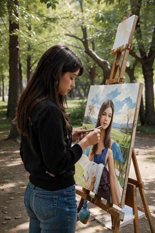 Woman artist paints a picture plein air