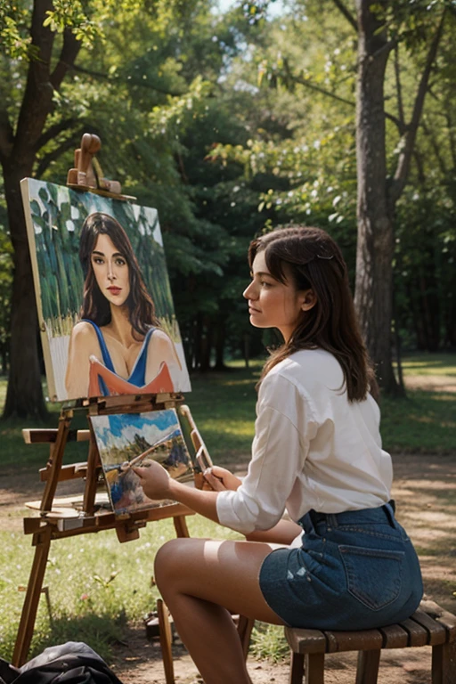 Woman artist paints a picture plein air