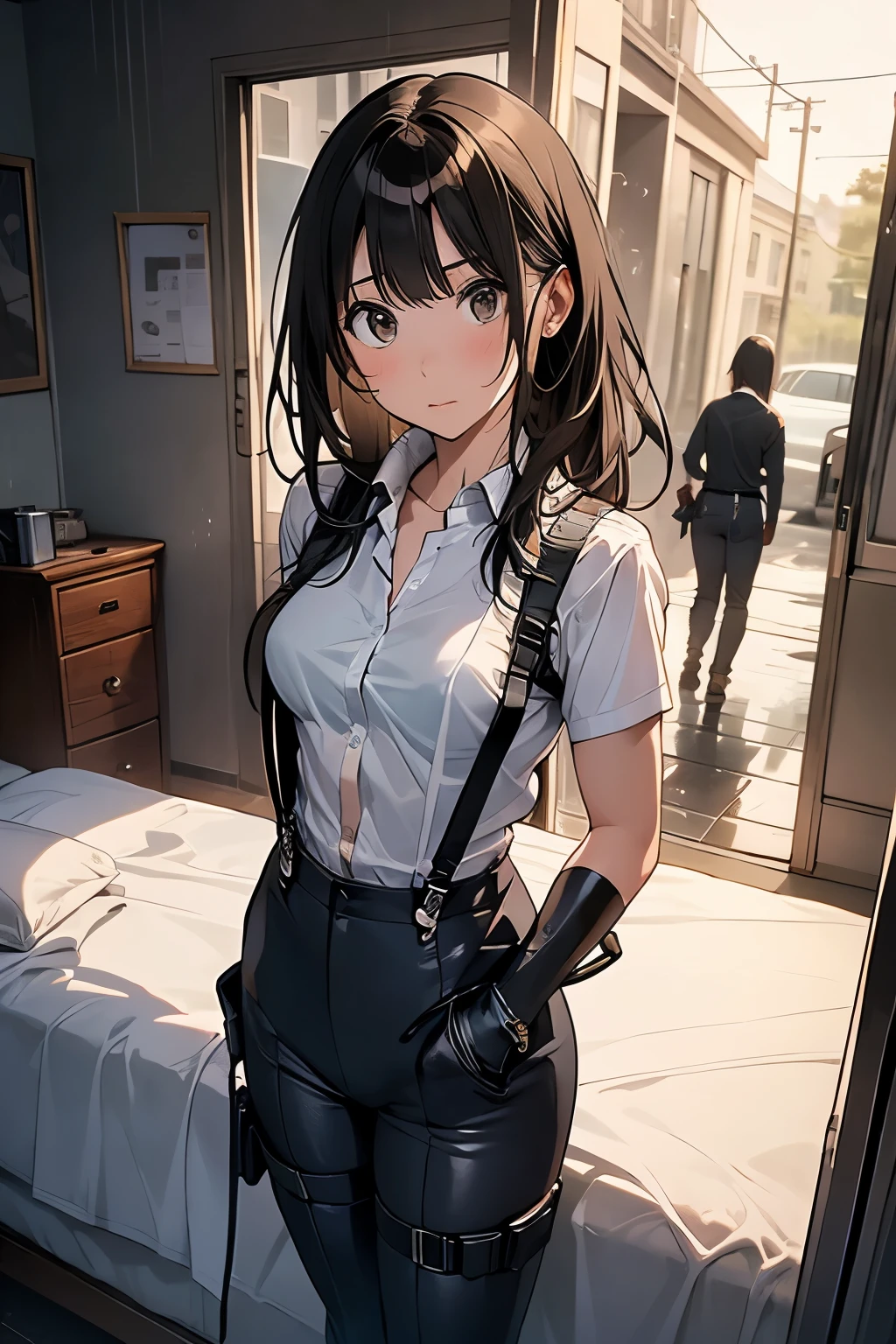 1 female, , high quality, masterpiece, Ultra-high resolution, , Cinema Lighting, , , And the suspenders with the cranes flying Large Breasts Small face holster Lying in bed Looking up Sweat belt summer 脇Sweat Black Hole Gloves suit shirt Black jacket Black trousers Leg Links ズボンにbelt holster Hands behind your back Anxious expression Looking up Anxious face, legs apart Armament Cable ties レッグholster holster See-through clothing heavy rain Getting wet in the rain