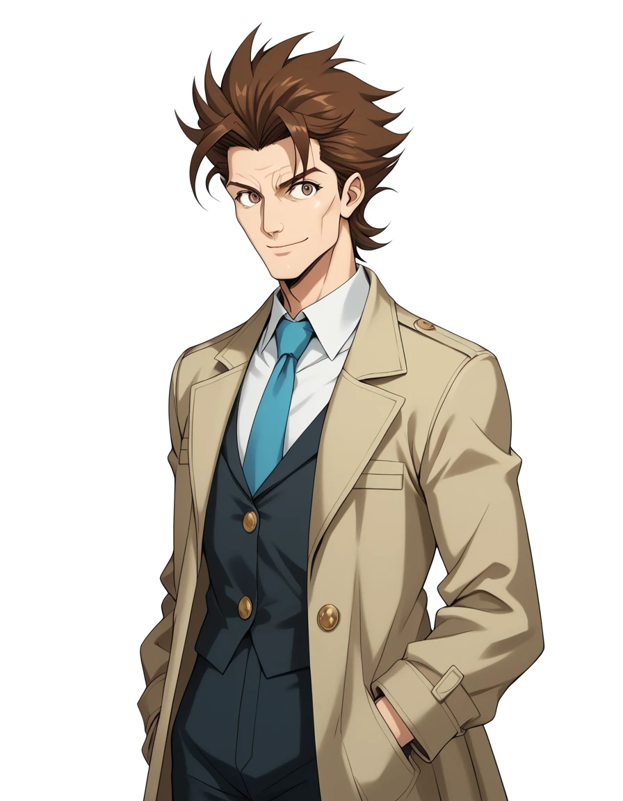 1man, veteran mature detective, muscular, boned nose, wavy slicked back spiked hair, yellow_brown hair, BREAK shihaku, brown eyes, dandy, virile, stubble, square shaped, large eyes, ugly, rough skin, facial wrinkles, ideal ratio body proportions, ordinaly, cute uncle, beautiful detailed eyes, broad waist, 40yo dude, BREAK solo, upperlegs, white collared shirt, blue necktie, trench coat, dark worn-out suit, cute smile, standing, BREAK dandy posing, in eroge style, 2000s, concept art, masterpiece, best quality, BREAK score_9, score_8_up, score_7_up, source_anime, score_6_up, score_5_up, score_4_up