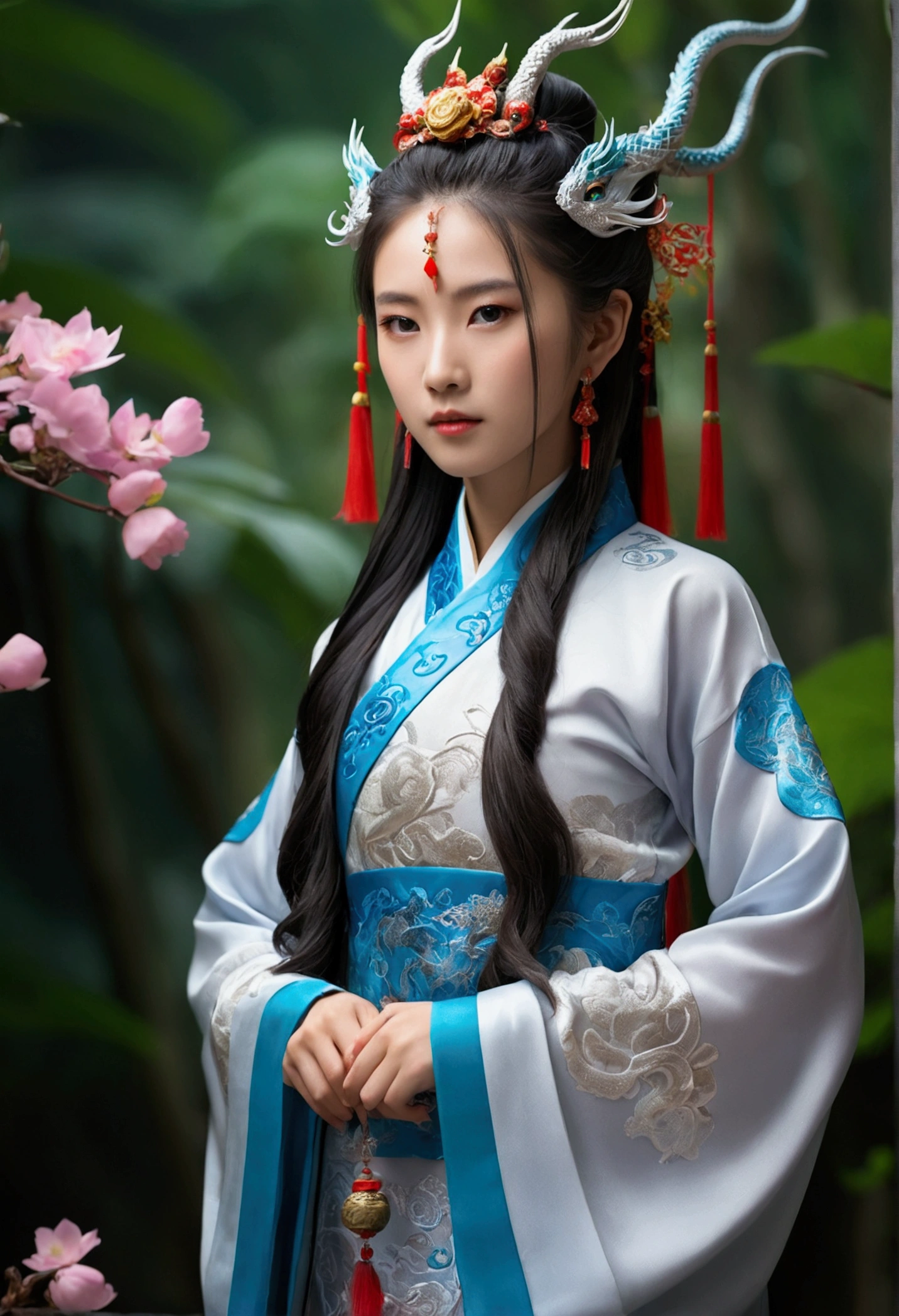 Dragon_Genuine, フレイムロングDragon, Chinese Dragon, feet, Serpentine, Sharp eyes, ((Highest quality)), ((masterpiece)), ((Realistic)), ((18-year-old girl wearing Chinese clothes, Flowing hair adorned with beautiful ornaments, Standing among the fluttering petals、雄大なDragonが彼女を包み込んでいる)), Haircut model with Choppy layers, Possession stands in doorway pose, Sharp gray-blue,  The shooting angle is a bird&#39;s-eye view.,
I am captivated by the enchanting figure of the 18-year-old girl in elegant Chinese clothing., Her flowing hair is graced with an enchanting headpiece. As the petals sway in the wind around her, a majestic dragon wraps its Serpentine around her, Create a scene of mythical charm. Take a dip in the deepest jungle river in a rainforest village, Lush greenery and vibrant plants surround them. Runes decorate the landscape, Infuse with an atmosphere of ancient mysticism. They stand on the top of a misty mountain, Snow Capped Mountain々Where the sky reaches. A soft light illuminates the girl&#39;s face, Cast gentle shadows、It captures her ethereal beauty. Bokeh and distant neon lights add magic from afar, Create a dreamy atmosphere. Blurred backgrounds add to the cinematic quality, Pay attention to the wonderfully detailed composition. Prepare to be captivated by the seamless blend of natural elements and fantasy in this artistic masterpiece.