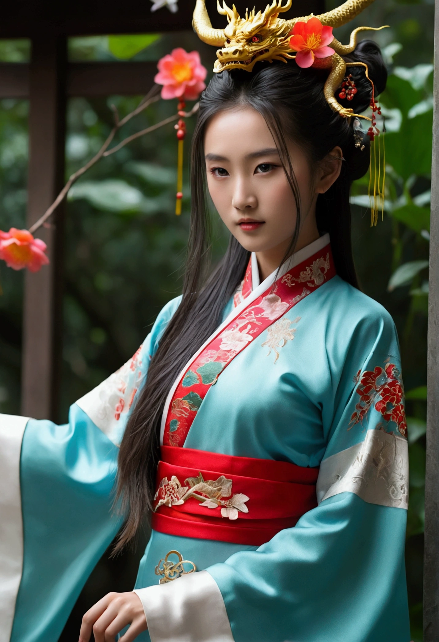 Dragon_Genuine, フレイムロングDragon, Chinese Dragon, feet, Serpentine, Sharp eyes, ((Highest quality)), ((masterpiece)), ((Realistic)), ((18-year-old girl wearing Chinese clothes, Flowing hair adorned with beautiful ornaments, Standing among the fluttering petals、雄大なDragonが彼女を包み込んでいる)), Haircut model with Choppy layers, Possession stands in doorway pose, Sharp gray-blue,  The shooting angle is a bird&#39;s-eye view.,
I am captivated by the enchanting figure of the 18-year-old girl in elegant Chinese clothing., Her flowing hair is graced with an enchanting headpiece. As the petals sway in the wind around her, a majestic dragon wraps its Serpentine around her, Create a scene of mythical charm. Take a dip in the deepest jungle river in a rainforest village, Lush greenery and vibrant plants surround them. Runes decorate the landscape, Infuse with an atmosphere of ancient mysticism. They stand on the top of a misty mountain, Snow Capped Mountain々Where the sky reaches. A soft light illuminates the girl&#39;s face, Cast gentle shadows、It captures her ethereal beauty. Bokeh and distant neon lights add magic from afar, Create a dreamy atmosphere. Blurred backgrounds add to the cinematic quality, Pay attention to the wonderfully detailed composition. Prepare to be captivated by the seamless blend of natural elements and fantasy in this artistic masterpiece.