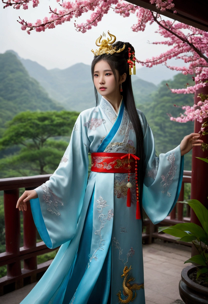 Dragon_Genuine, フレイムロングDragon, Chinese Dragon, feet, Serpentine, Sharp eyes, ((Highest quality)), ((masterpiece)), ((Realistic)), ((18-year-old girl wearing Chinese clothes, Flowing hair adorned with beautiful ornaments, Standing among the fluttering petals、雄大なDragonが彼女を包み込んでいる)), Haircut model with Choppy layers, Possession stands in doorway pose, Sharp gray-blue,  The shooting angle is a bird&#39;s-eye view.,
I am captivated by the enchanting figure of the 18-year-old girl in elegant Chinese clothing., Her flowing hair is graced with an enchanting headpiece. As the petals sway in the wind around her, a majestic dragon wraps its Serpentine around her, Create a scene of mythical charm. Take a dip in the deepest jungle river in a rainforest village, Lush greenery and vibrant plants surround them. Runes decorate the landscape, Infuse with an atmosphere of ancient mysticism. They stand on the top of a misty mountain, Snow Capped Mountain々Where the sky reaches. A soft light illuminates the girl&#39;s face, Cast gentle shadows、It captures her ethereal beauty. Bokeh and distant neon lights add magic from afar, Create a dreamy atmosphere. Blurred backgrounds add to the cinematic quality, Pay attention to the wonderfully detailed composition. Prepare to be captivated by the seamless blend of natural elements and fantasy in this artistic masterpiece.