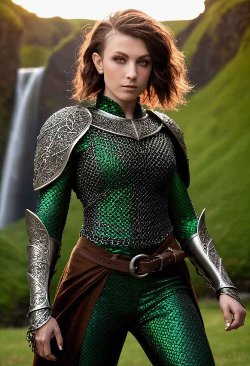 (work of art), (extremely complex:1.3), (realisitic), portraite of a muscular bodybuilder girl, (((medieval armor:1.6 ((matte black perfect chainmail, Leprechaun, elvish), brown cape, Metal Pants, portraite, (Whip)), wind blowing blowing [hair green:dark hair:0.6])), tatoo:1.0), metallic reflections, trunk, plein-air, Strong Sunlight, distant waterfall, professional photography of a stunning woman detailed, ((short shaved hair with undercut, dynamic pose)), sharp focus, Dramatic, awardwinning, cinematic lighting, volumetric dtx, (film grain, nblurry background, blurry foreground, bokeh, Depth of field, sunset, interaction), 8k