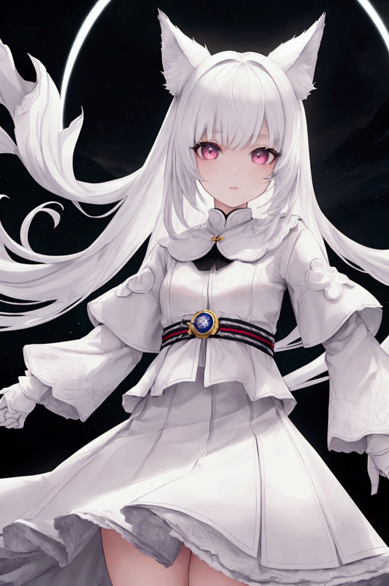  ((Highest quality)), ((masterpiece)), (detailed), One girl, cute　Five fingers　Small wolf ears　White Shorthair　Petite　Normal chest　No human ears　Big eyes　Her eyes are black　Droopy eyes　first round　White samurai　White skirt for lower body　Holding a white circular shield　The background is a mountain road 