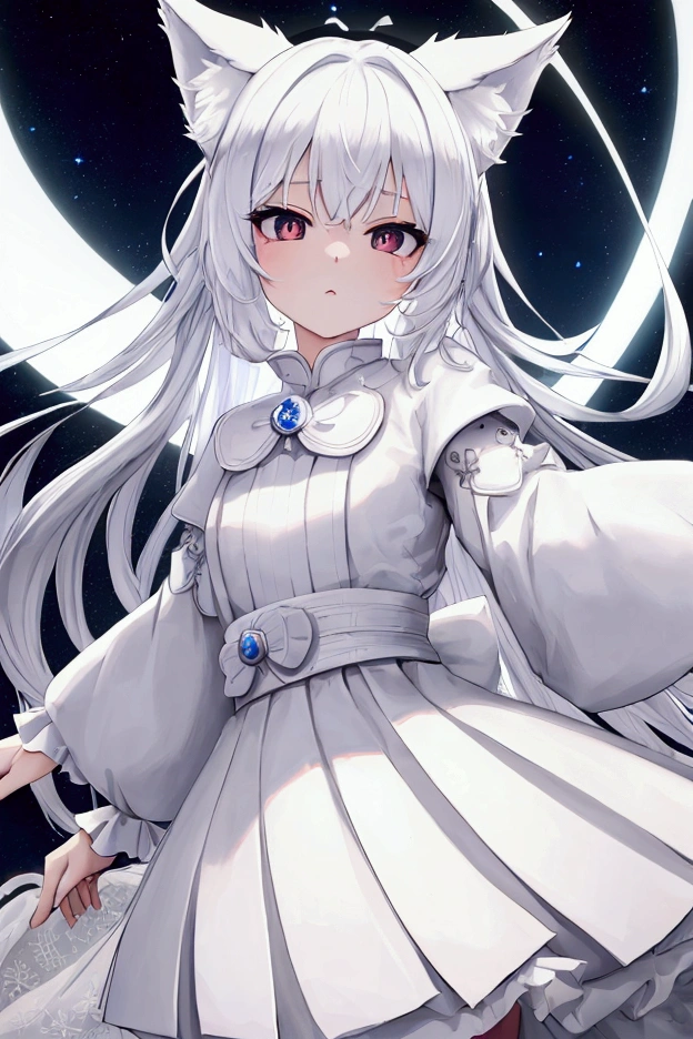  ((Highest quality)), ((masterpiece)), (detailed), One girl, cute　Five fingers　Small wolf ears　White Shorthair　Petite　Normal chest　No human ears　Big eyes　Her eyes are black　Droopy eyes　first round　White samurai　White skirt for lower body　Holding a white circular shield　The background is a mountain road 