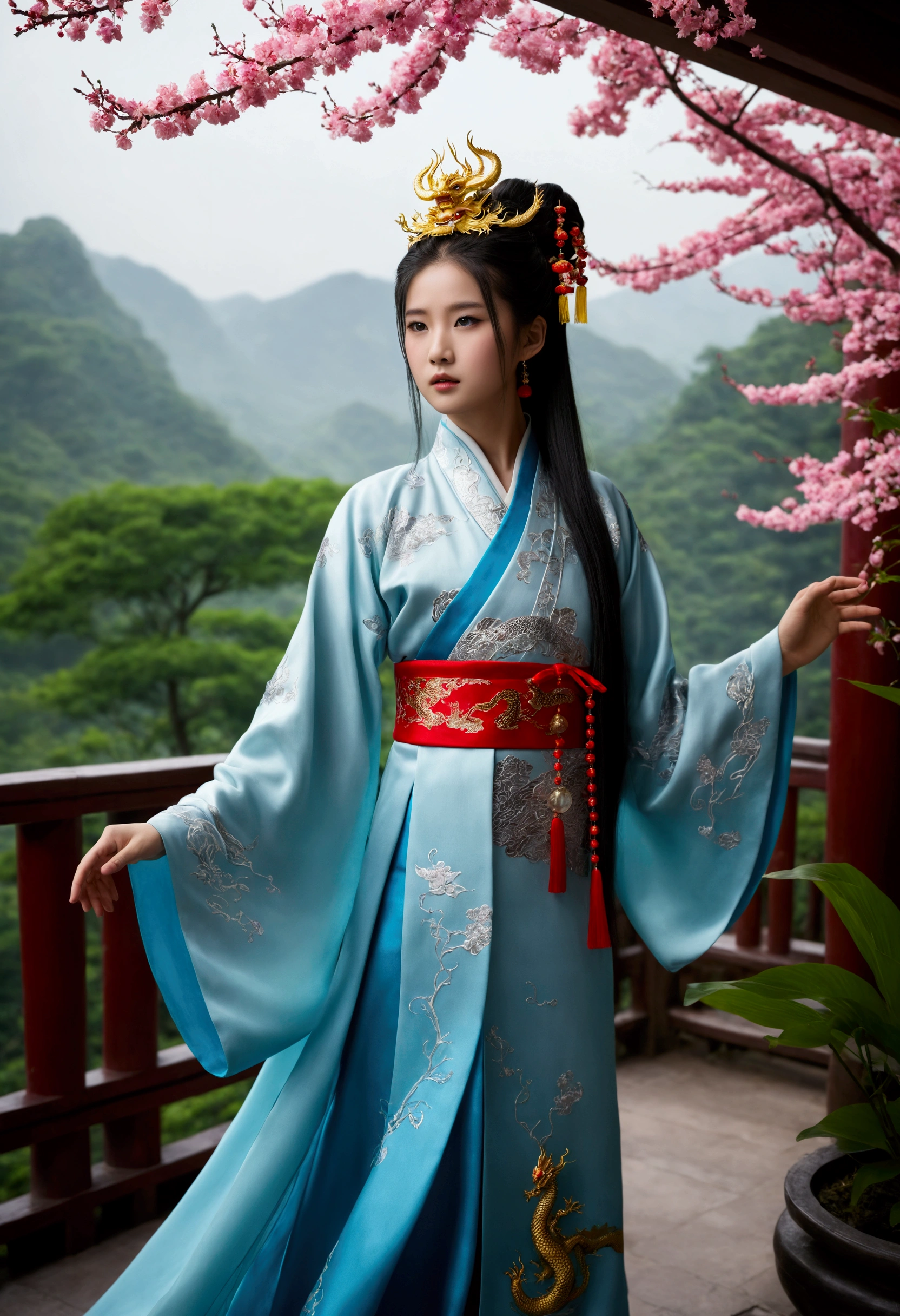 Dragon_Genuine, フレイムロングDragon, Chinese Dragon, feet, Serpentine, Sharp eyes, ((Highest quality)), ((masterpiece)), ((Realistic)), ((18-year-old girl wearing Chinese clothes, Flowing hair adorned with beautiful ornaments, Standing among the fluttering petals、雄大なDragonが彼女を包み込んでいる)), Haircut model with Choppy layers, Possession stands in doorway pose, Sharp gray-blue, The shooting angle is a bird's-eye view.,
I am captivated by the enchanting figure of the 18-year-old girl in elegant Chinese clothing., Her flowing hair is graced with an enchanting headpiece. As the petals sway in the wind around her, a majestic dragon wraps its Serpentine around her, Create a scene of mythical charm. Take a dip in the deepest jungle river in a rainforest village, Lush greenery and vibrant plants surround them. Runes decorate the landscape, Infuse with an atmosphere of ancient mysticism. They stand on the top of a misty mountain, Snow Capped Mountain々Where the sky reaches. A soft light illuminates the girl's face, Cast gentle shadows、It captures her ethereal beauty. Bokeh and distant neon lights add magic from afar, Create a dreamy atmosphere. Blurred backgrounds add to the cinematic quality, Pay attention to the wonderfully detailed composition. Prepare to be captivated by the seamless blend of natural elements and fantasy in this artistic masterpiece.