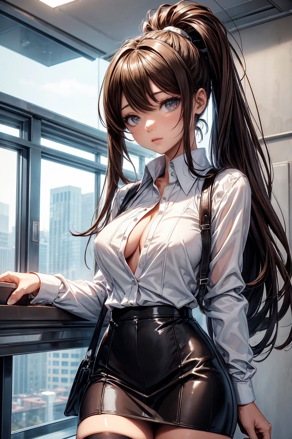 (masterpiece, Highest quality), Intricate details, 8k, Art Station, wallpaper, Official Art, Sharp focus, One girl,Toned body、 Long Hair,ponytail, Brown Hair, No bra,Nipple swelling、Slut、 office lady,White patent leather shirt、Black enamel tight skirt、tights、 printing, Hanging eyes、Cold Eyes , Muddy eyes、skyscraper, city, building, car, street,