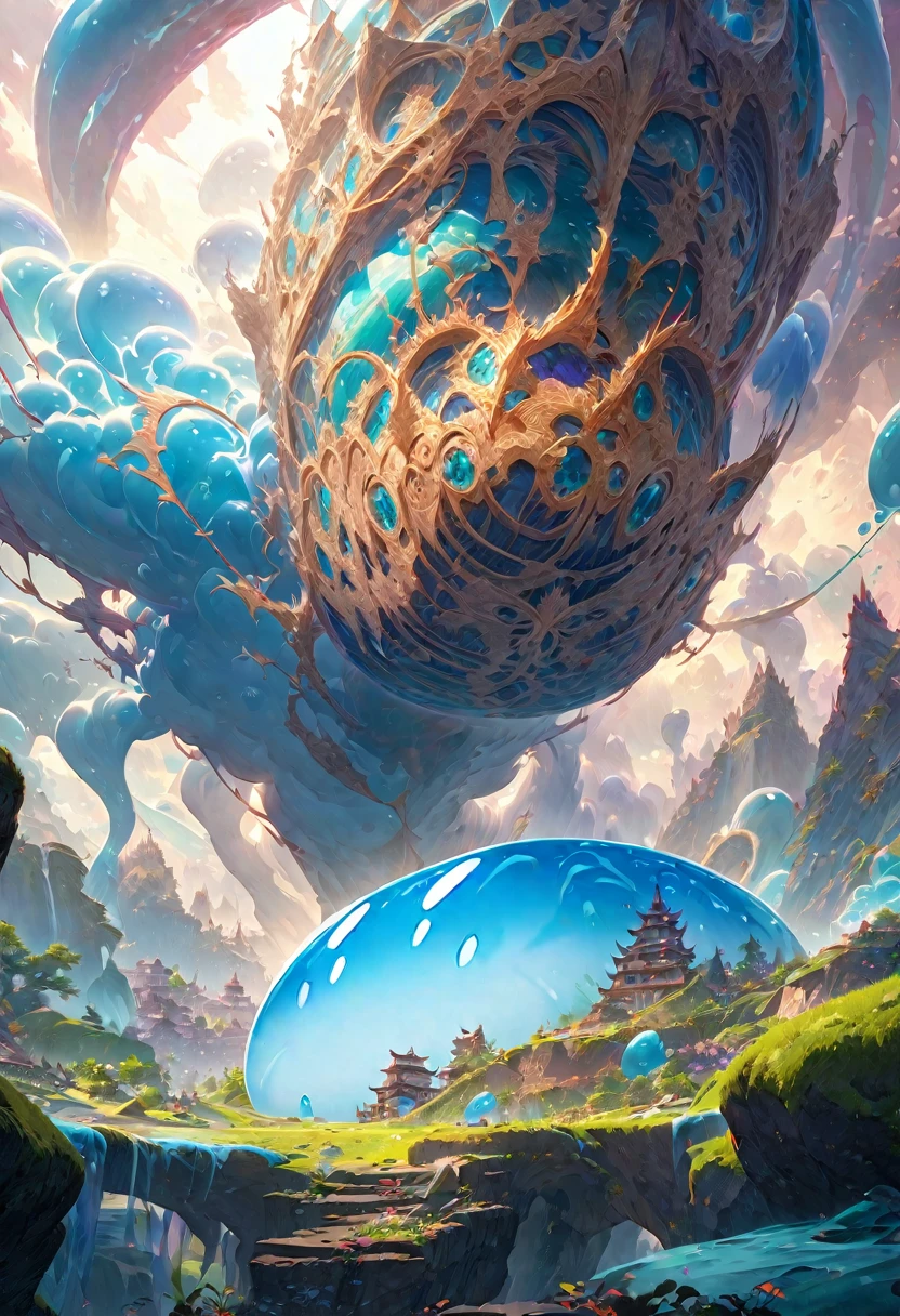Japanese cartoon slime fantasy fictional creature light blue slime

                         ( Correct and perfect anatomy ) Ultra-detailed animation art and visual effects masters perfectly compose intricately detailed digital art