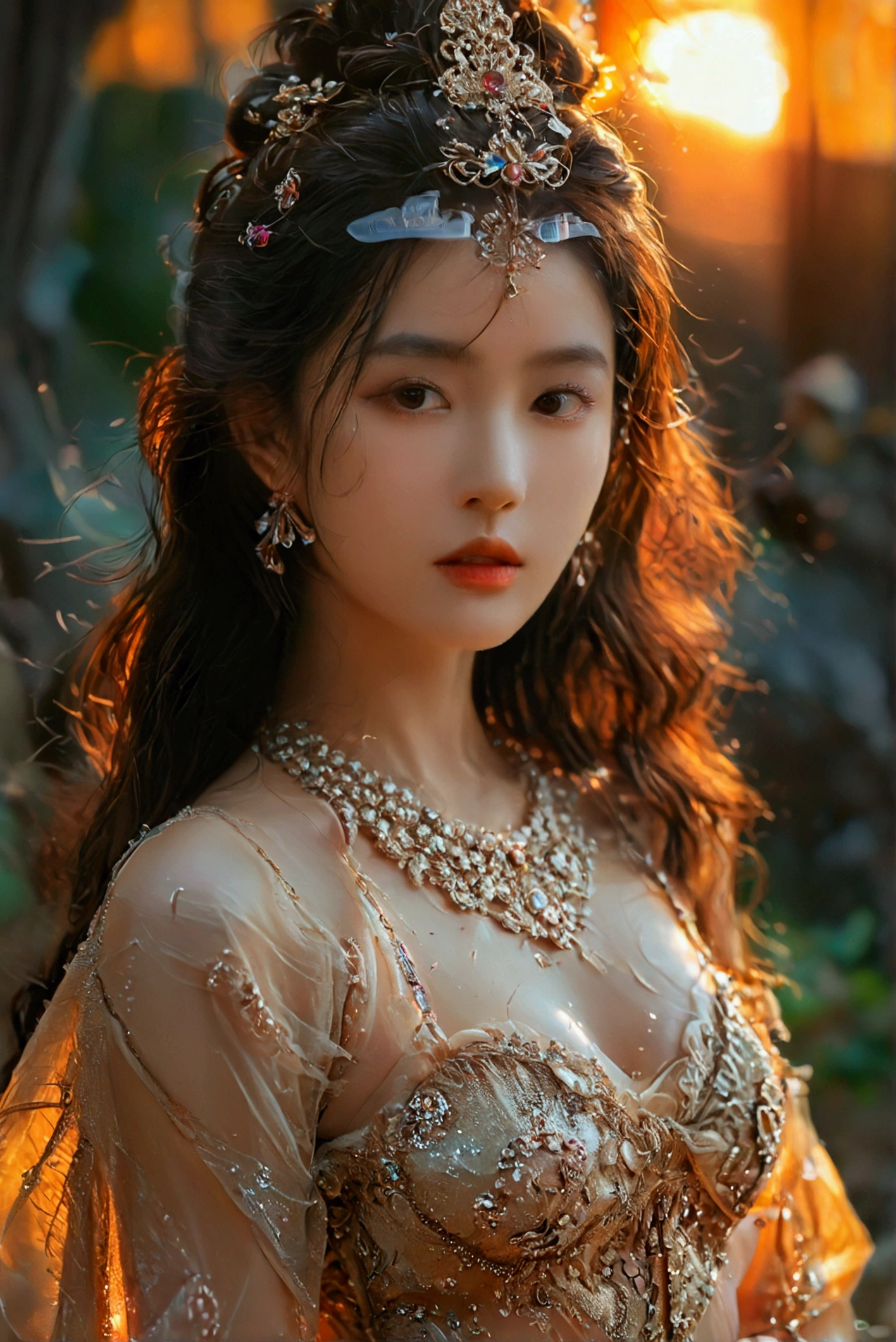 best quality, Masterpiece, Ultra high resolution, (realism: 1.4), original photo, 1 girl, movie light, at sunset, in the dark, deep shadow, Create high resolution photos, A beautiful young woman wearing a sexy Thai princess costume., The see-through fabric is so thin that the wearer'Cracks and skin can be seen.., She spread her legs slightly wide to show off her legs.., She has a slim, beautiful, and delicate face.., sharp eyes, long hair, responsive face, high nose, and thin lips, Her breasts are 32 inches long with pink nipples.., Her waist is 24 inches.., Her hips are 33 inches.., Her skin was white and radiant.., She has light brown hair.., And her figure was slim and slightly muscular..