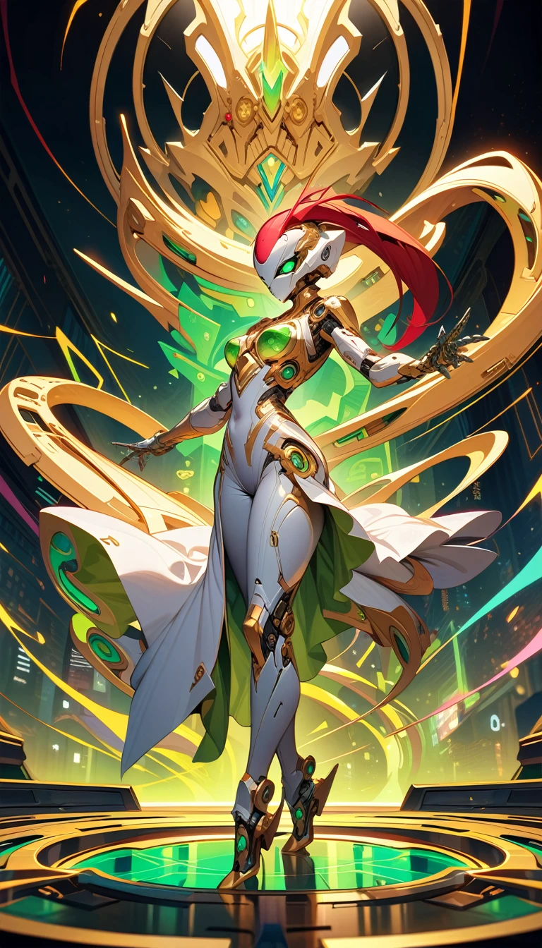 ((best quality)) , ((masterpiece)) , (detailed),Illustration of a Hearthstone card game character, a lizard in a white suit with a red mohawk dancing on a golden dance floor, with yellow lights and green decorations in the background, in the style of a cartoon.biomechanical style . blend of organic and mechanical elements, futuristic, cybernetic, detailed, intricate
