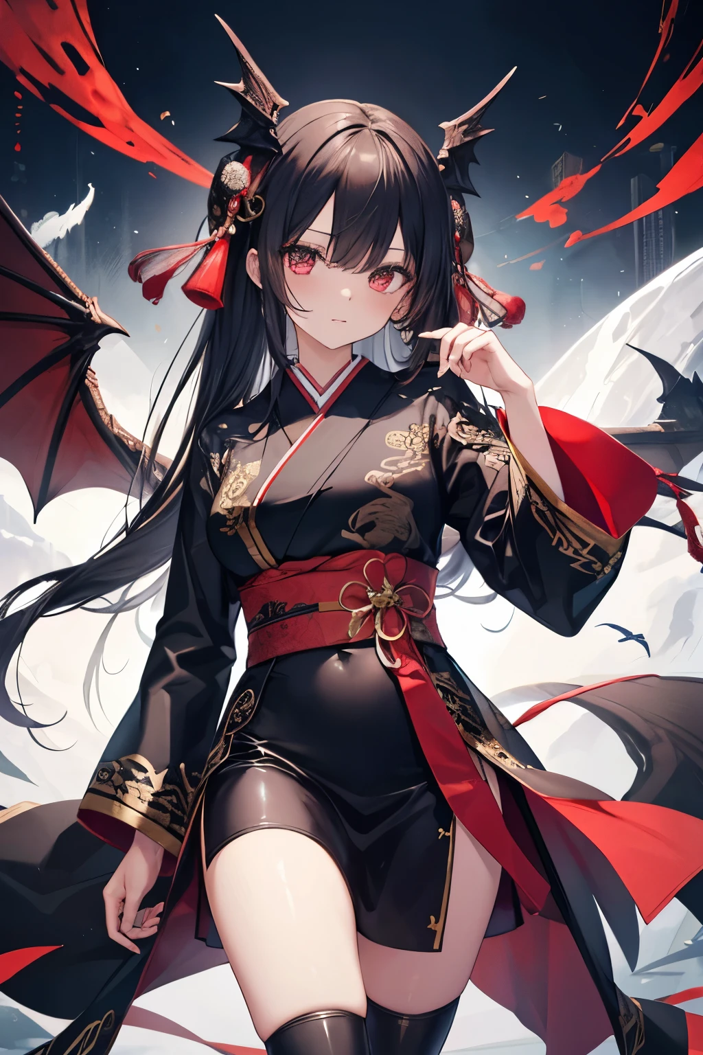 With wings and horns、Wearing a black leather outfit、Very beautiful Japanese dragon woman with red belt and red ribbon on her leg.