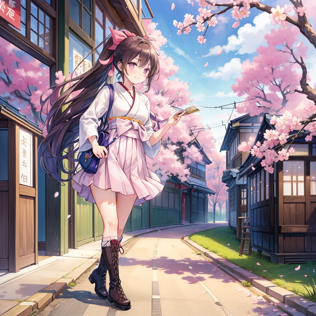 (masterpiece), best quality, expressive eyes, perfect face, 1 girl, solo, A girl with a high ponytail tied with a ribbon, wearing a hakama and short boots, walks along a wide, busy street with an old street tram running in the Taisho era of Japan. smile, pink yagasuri print top, purple hakama, brown ankle boots, Taisho romance, old street tram, spring, cherry blossom petals, sakura, afternoon, blue sky, scenery,retro, BMC