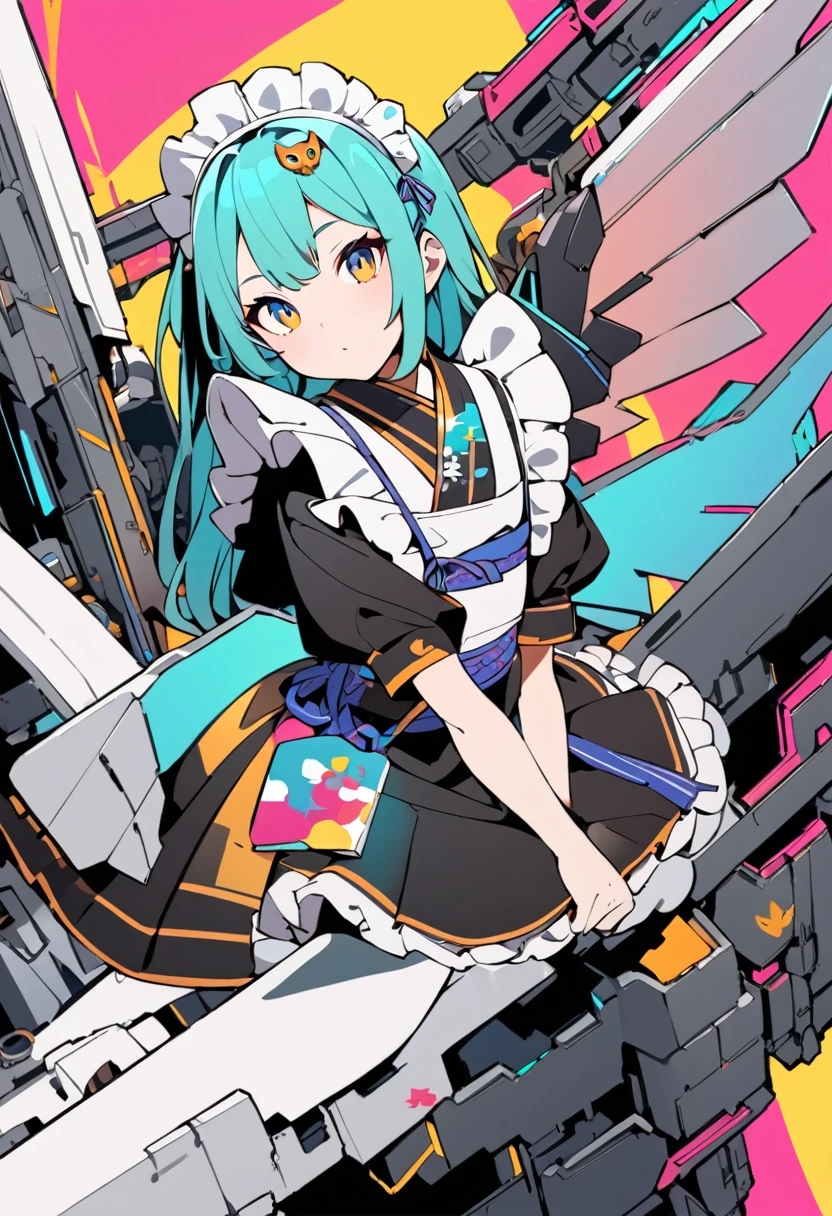 (masterpiece, best quality:1.1), (ultra highres, ultra-detailed:1.2),pop-art,flatcolor,one girl,tween,short hight,(wearing japanese maid costume),Mech wings on her back,owl symbol, BREAK in mechanical ruins,absurdity, extraordinary,dynamic angle,(pose),
