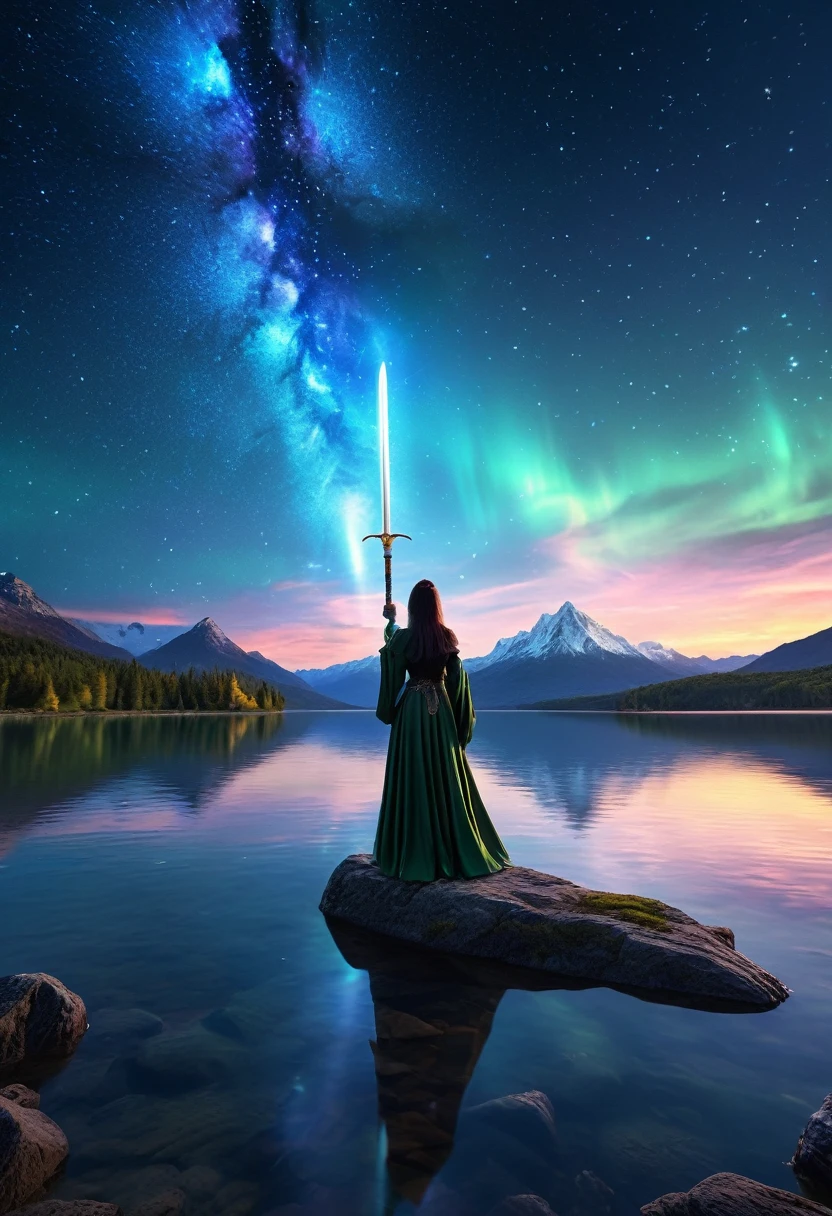 (8k, Highest quality, masterpiece, ファイナルFantasyスタイル: 1.2), (unrealistic, Realistic: 1.37), (A female wizard standing by a lake, Big swinging bust, With sword and fire, Her sword shines in the heavens:1.1), Dreamy landscape, Fantasy, unrealisticな風景, Very detailed, Flying medieval castle, Floating Island, Seven-colored light swirl, (meteorのMr..A small, shiny, long-tailed bird soaring through the sky:1.3), Aurora, Intense lightning, milky way, Complex Light, Mr..々color light, Large Lake, Starry sky reflected on the lake, Countless shining stars, meteor, たくさんのmeteor, Aura, (A pillar of light appeared from the ground.:1,2), 複雑な文Mr..Magic Circle,