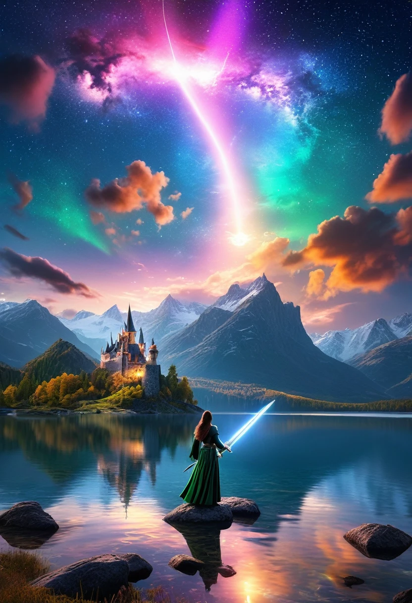 (8k, Highest quality, masterpiece, ファイナルFantasyスタイル: 1.2), (unrealistic, Realistic: 1.37), (A female wizard standing by a lake, Big swinging bust, With sword and fire, Her sword shines in the heavens:1.1), Dreamy landscape, Fantasy, unrealisticな風景, Very detailed, Flying medieval castle, Floating Island, Seven-colored light swirl, (meteorのMr..A small, shiny, long-tailed bird soaring through the sky:1.3), Aurora, Intense lightning, milky way, Complex Light, Mr..々color light, Large Lake, Starry sky reflected on the lake, Countless shining stars, meteor, たくさんのmeteor, Aura, (A pillar of light appeared from the ground.:1,2), 複雑な文Mr..Magic Circle,