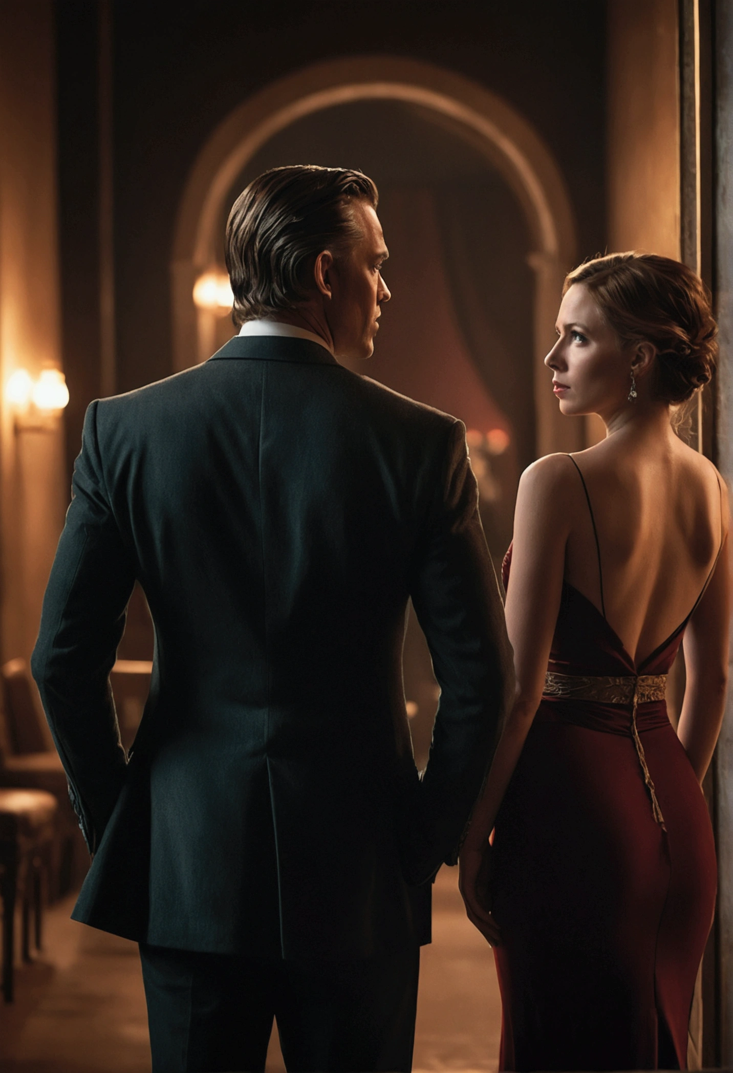 a well-dressed seductive man in a dramatic setting, TALKING TO A WOMAN, the man has his back to the camera, cinematic lighting, dramatic atmosphere, Rich textures, high qualiy, photorrealistic