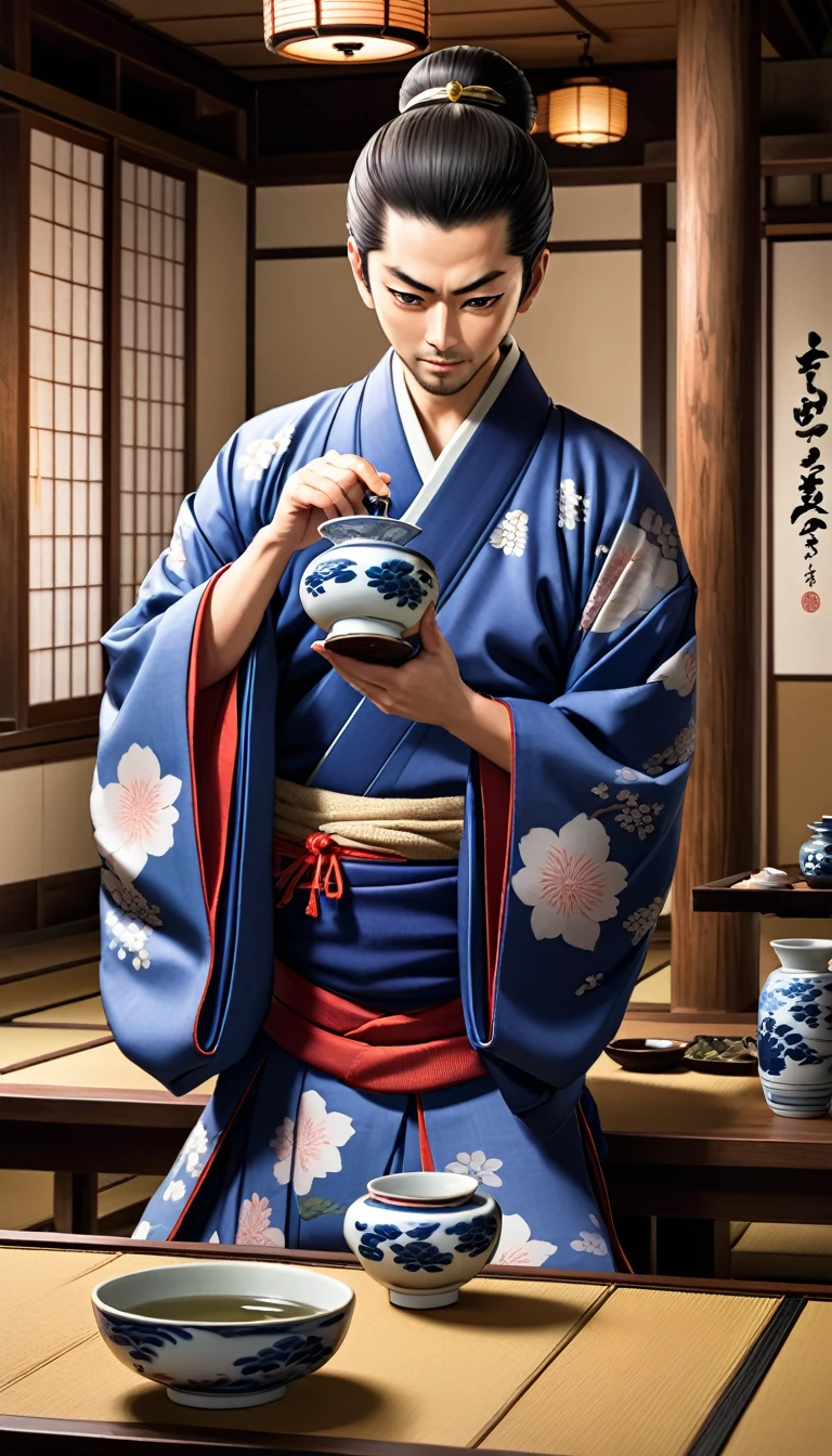 Akechi Mitsuhide, visibly drunk, raising a sake cup, with concerned retainers nearby, set in a traditional Japanese banquet hall.