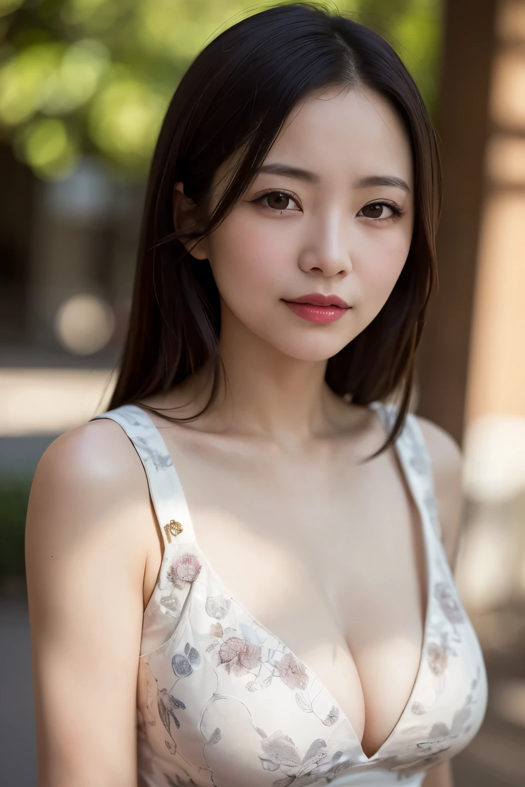One girl, Mature Woman, photograph, Realistic, Highest quality, Detailed face, Detailed Background, Diffused sunlight, Depth of written boundary, Bokeh, China dress, sexy, Tribal pattern