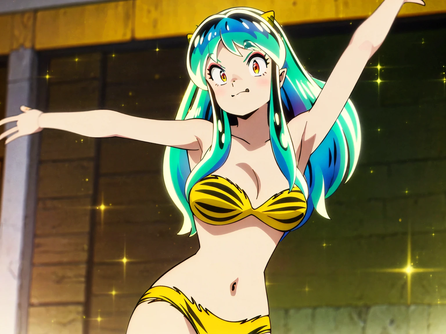 Tabletop, Highest quality, Ultra-high resolution, Highest quality, Anime Style, Alien Girl, They are, , Attractive girl, Long Green Hair, Yellow horn, Ram, Ram_Bikini, Yellow tabby bikini, A carefree smile, Animated facial expressions, Face Focus, close, pov