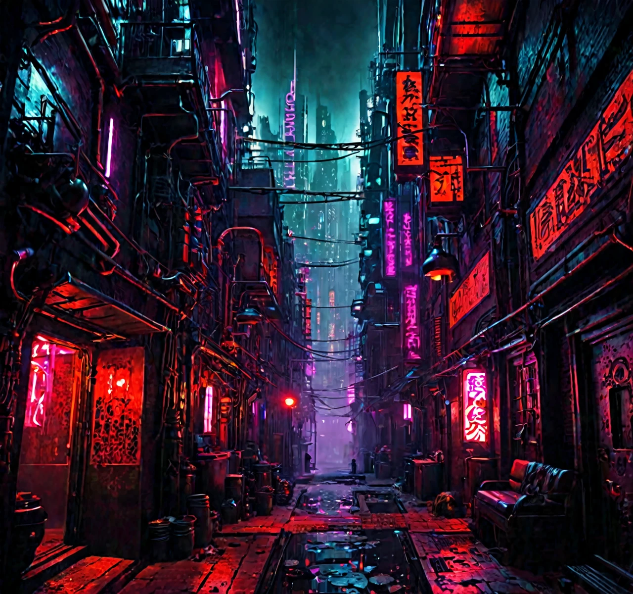 Goth industrial cyberpunk metropolis, extreme wealth in the upper city levels, extreme poverty and crime in the undercity , dark alleyway, neon lights, red light district 