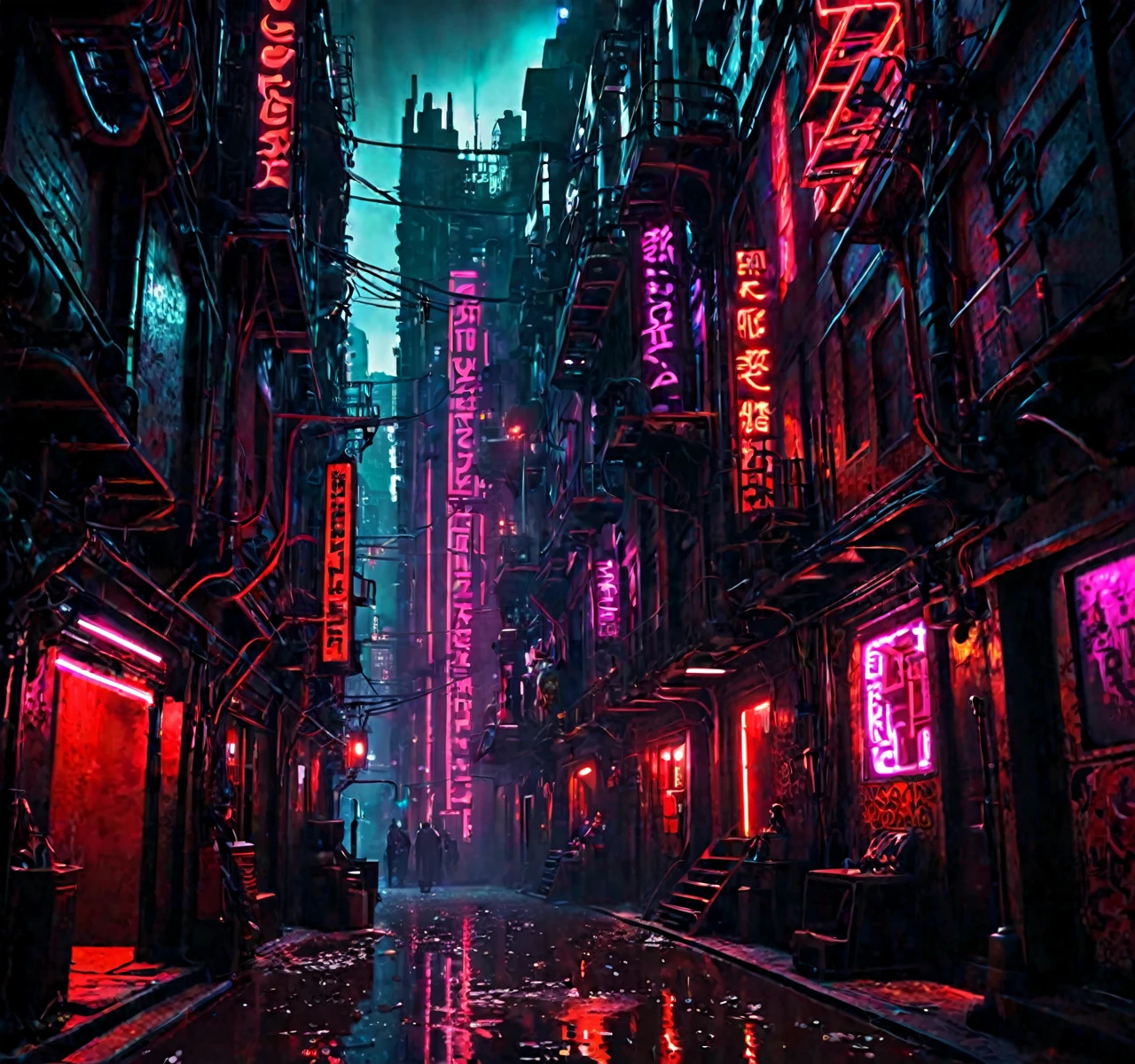 Goth industrial cyberpunk metropolis, extreme wealth in the upper city levels, extreme poverty and crime in the undercity , dark alleyway, neon lights, red light district 