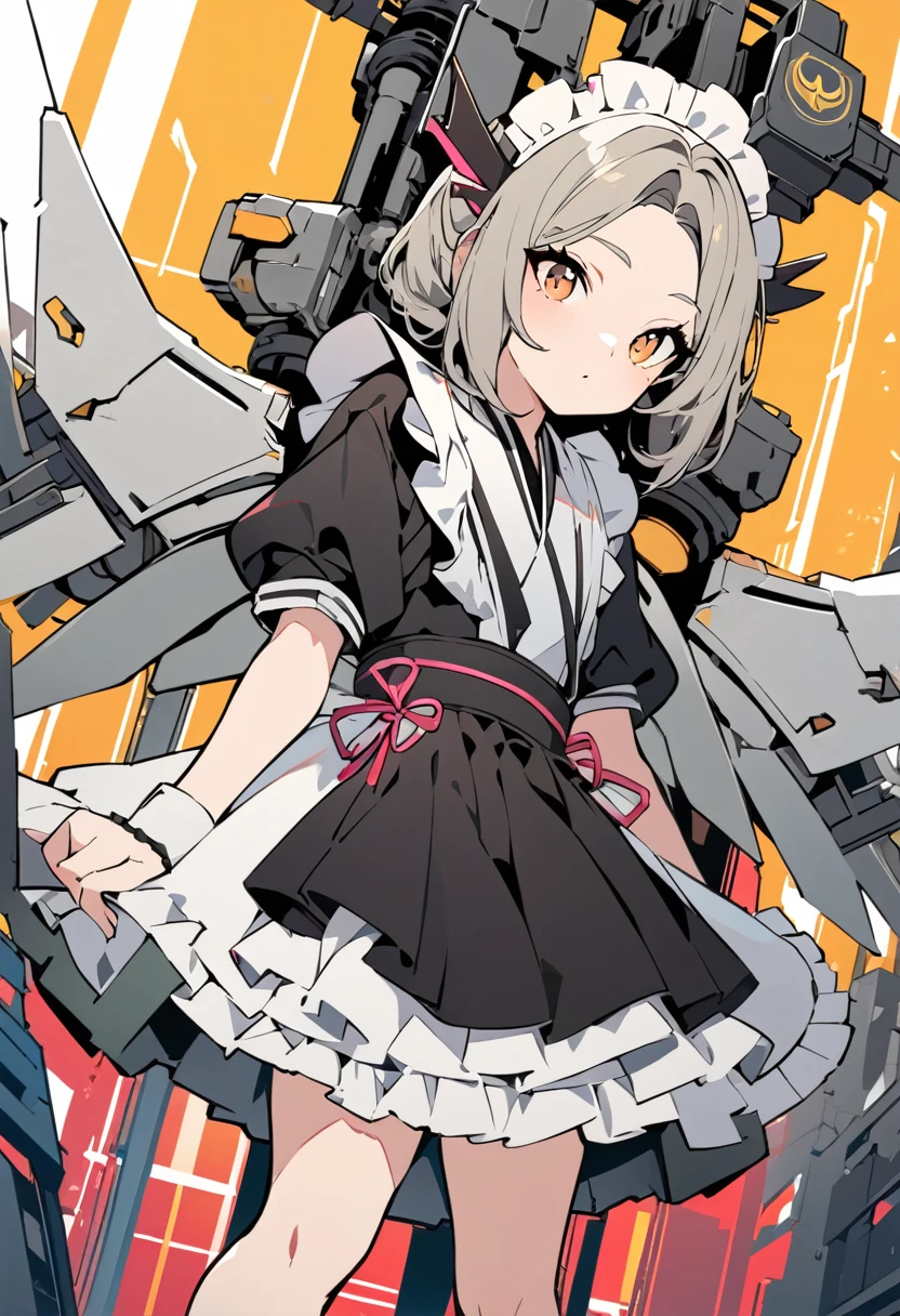 (masterpiece, best quality:1.1), (ultra highres, ultra-detailed:1.2),pop-art,flatcolor,one girl,tween,short hight,(wearing japanese maid costume),Mech wings on her back,owl symbol, BREAK in mechanical ruins,absurdity, extraordinary,dynamic angle,(pose),magnificent view