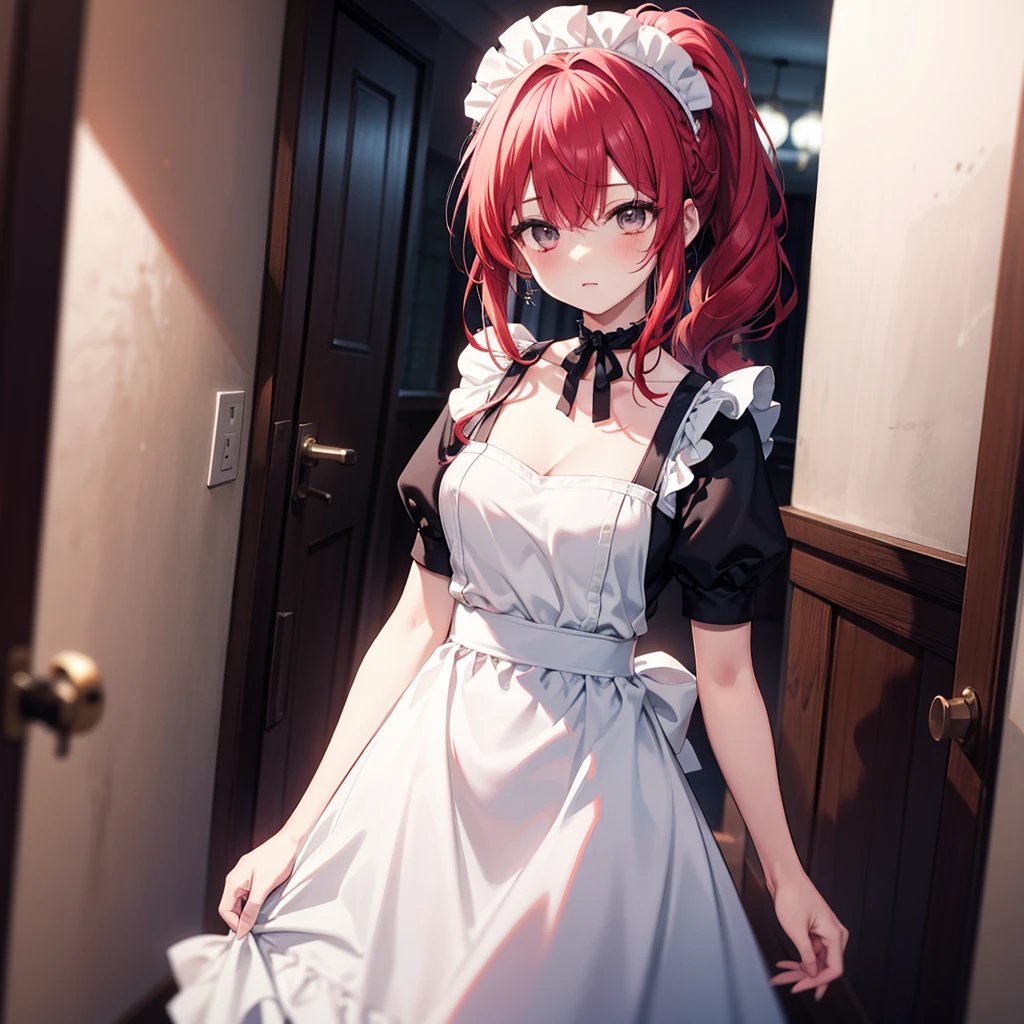 1 woman [[ponytail hair]], 깔끔한 ponytail hair, long hair, red hair, gray eyes animation, Breasts slightly larger, medium hips, choker, shy, maid uniform, choker, standin, very detailed, 8k, game illustration, single