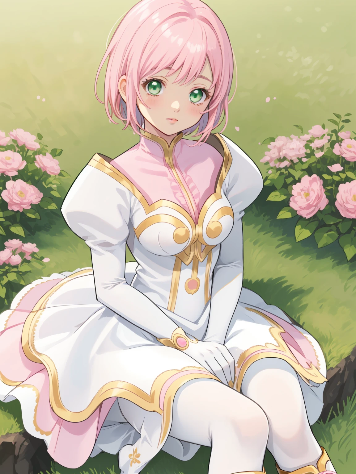 masterpiece, Highest quality, alone, One Girl,Estellise Sidos Heurassein, Pink Hair, short hair, Green Eyes, Small breasts, White and pink dress, Glamorous Dress, Pink collar, Pink Skirt, White boots, White gloves, (Black Pantyhose, Black legwear:1.1)whole body, Little:5, cute, (Beautifully detailed face), (Beautiful attention to detail), (Beautiful detailed hair)