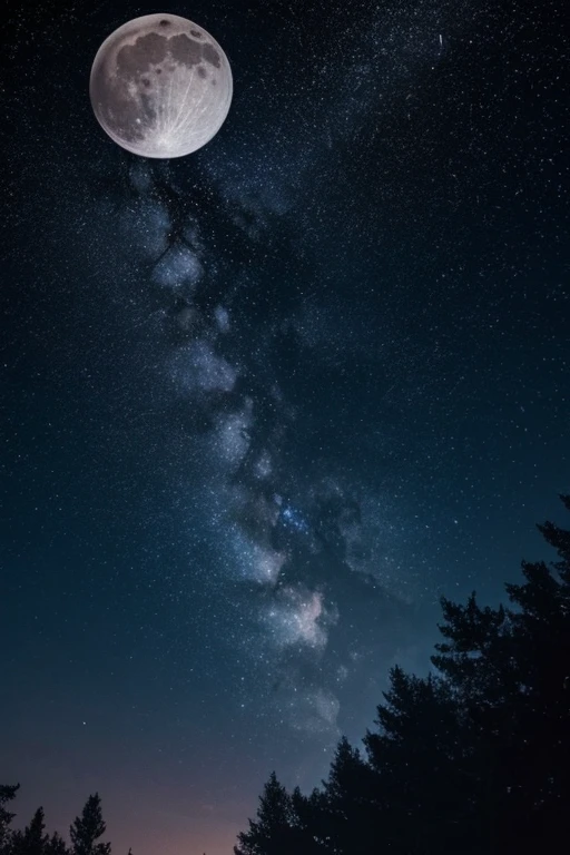 Draw the night sky, full moon, you can see all the stars, a comet is flying.