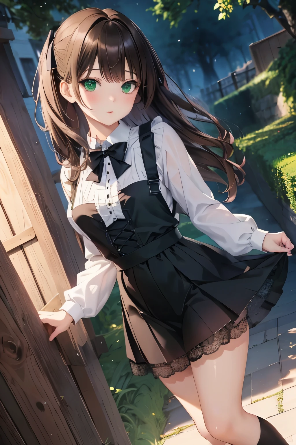 ((masterpiece, Highest quality, High resolution, 超High resolution, Pixel perfect, Written boundary depth, 4K, RTTX 10.0, High resolution))), 1 girl, single, alone, Beautiful Anime Girls, Beautiful art style, Anime characters, ((Shortcuts, bangs, Dark brown hair)), ((Green Eyes:1.4, Round eyes, Beautiful eyelashes, current eyes)), ((Smooth texture:0.75, Anime CG style)), Medium chest, ((Dynamic Angle, close)), Perfect body, (pretty girl), 1girl, solo, wearing a kawaii fashion outfit, outfit features a pink blouse with black lace trim and a large bow at the collar, The blouse is paired with a black high-waisted skirt with lace-up details, The person is also wearing black knee-high socks with lace tops, The overall look is cute and elegant, Outdoor, wood, Depth of written boundary,