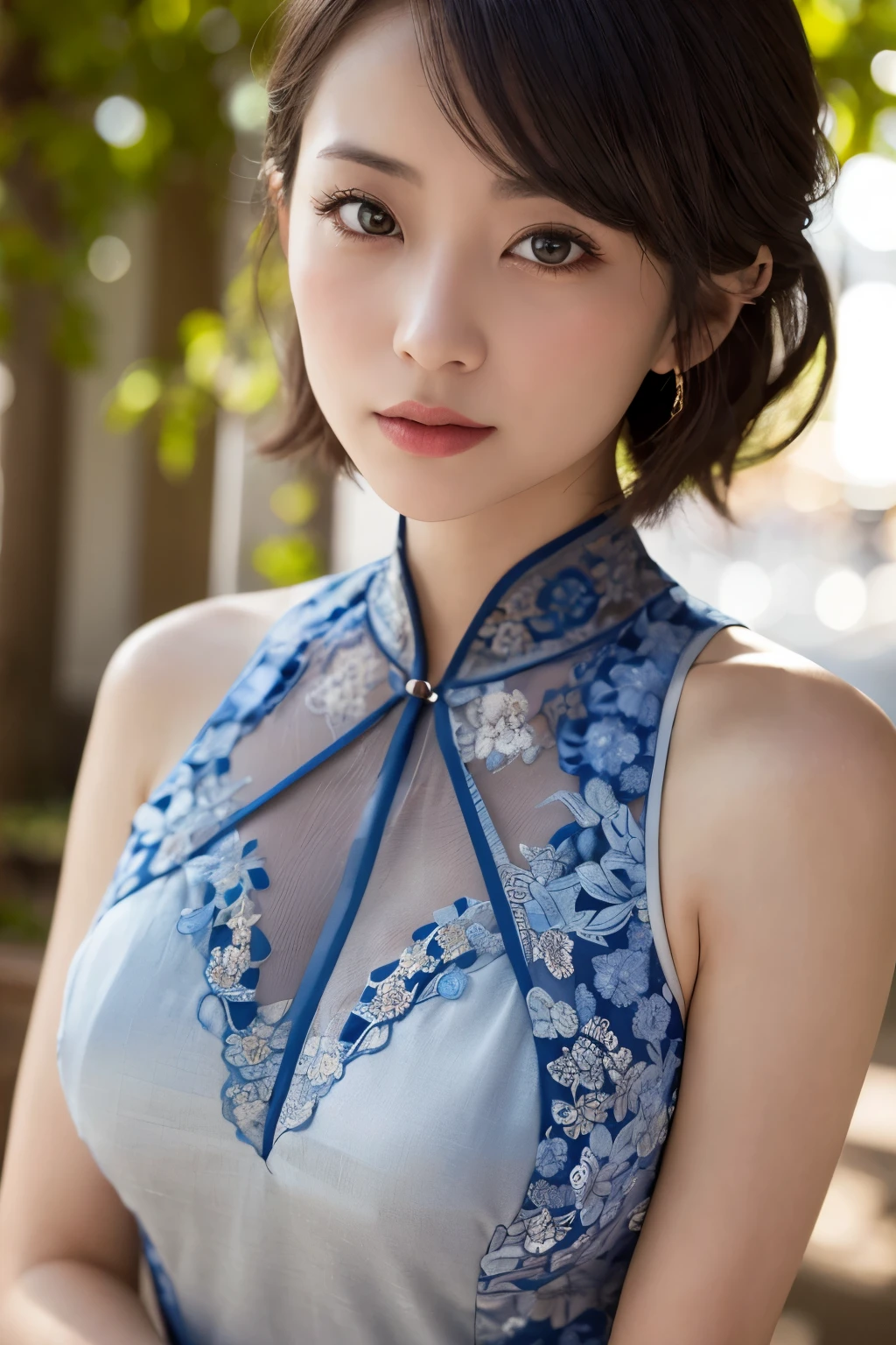 One girl, Mature Woman, photograph, Realistic, Highest quality, Detailed face, Detailed Background, Diffused sunlight, Depth of written boundary, Bokeh, China dress, sexy, Tribal pattern