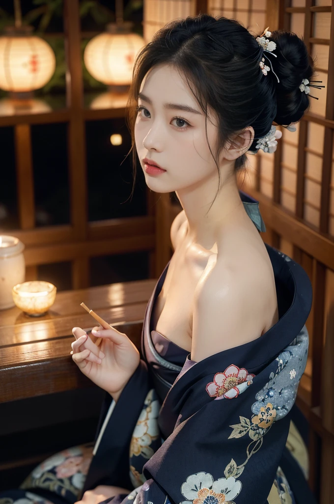 (((best quality))),(((ultra detailed))),(((masterpiece))),illustration,((1 beautiful Japanese girl,solo)),((slim,thin)),((small breasts,flat chest)),serene,melancholic,(rainy:1.3),(night scene:1.3),(in izakaya:1.3),(bun hair:1.2),(traditional Navy blue floral kimono:1.3),cozy atmosphere,sipping drink,ethereal appearance,delicate features,expressive eyes,contemplation,numbs loneliness,intricate kimono patterns,billowing kimono,traditional beauty,graceful sitting pose,sliding doors,rainy alley,soft glow lanterns,warm ambiance,cigarette vapor,atmospheric haze,introspection,isolation,beauty in solitude,complex emotions,quiet moments,Drinking Alone,narrative,loneliness,yearning,inner peace,((from front,upper body))