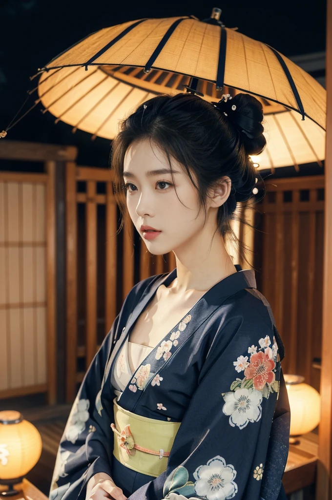 (((best quality))),(((ultra detailed))),(((masterpiece))),illustration,((1 beautiful Japanese girl,solo)),((slim,thin)),((small breasts,flat chest)),serene,melancholic,(rainy:1.3),(night scene:1.3),(in izakaya:1.3),(bun hair:1.2),(traditional Navy blue floral kimono:1.3),cozy atmosphere,sipping drink,ethereal appearance,delicate features,expressive eyes,contemplation,numbs loneliness,intricate kimono patterns,billowing kimono,traditional beauty,graceful sitting pose,sliding doors,rainy alley,soft glow lanterns,warm ambiance,cigarette vapor,atmospheric haze,introspection,isolation,beauty in solitude,complex emotions,quiet moments,Drinking Alone,narrative,loneliness,yearning,inner peace,((from front,upper body))
