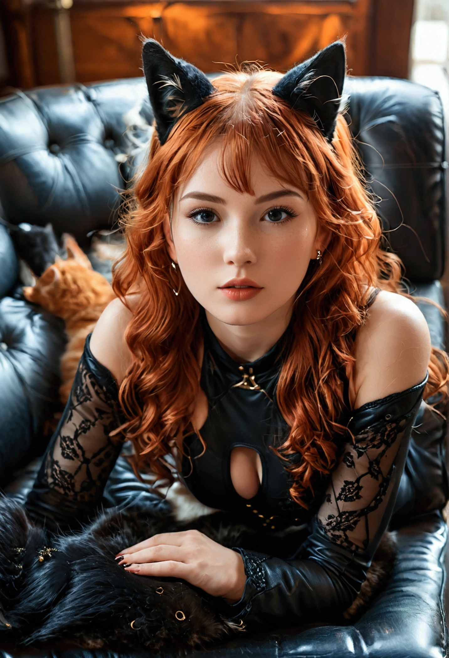 (full body shot:1.7) photorealistic image of a (laying pose:1.1) woman, ultra realistic, photography, long red hair, girl, 24 years old, hourglass figure, perfect body, Flirty look, natural medium breasts, blur background, black tight bodysuit, wearing cat ears and a cat tail, laying on a black leathercouch