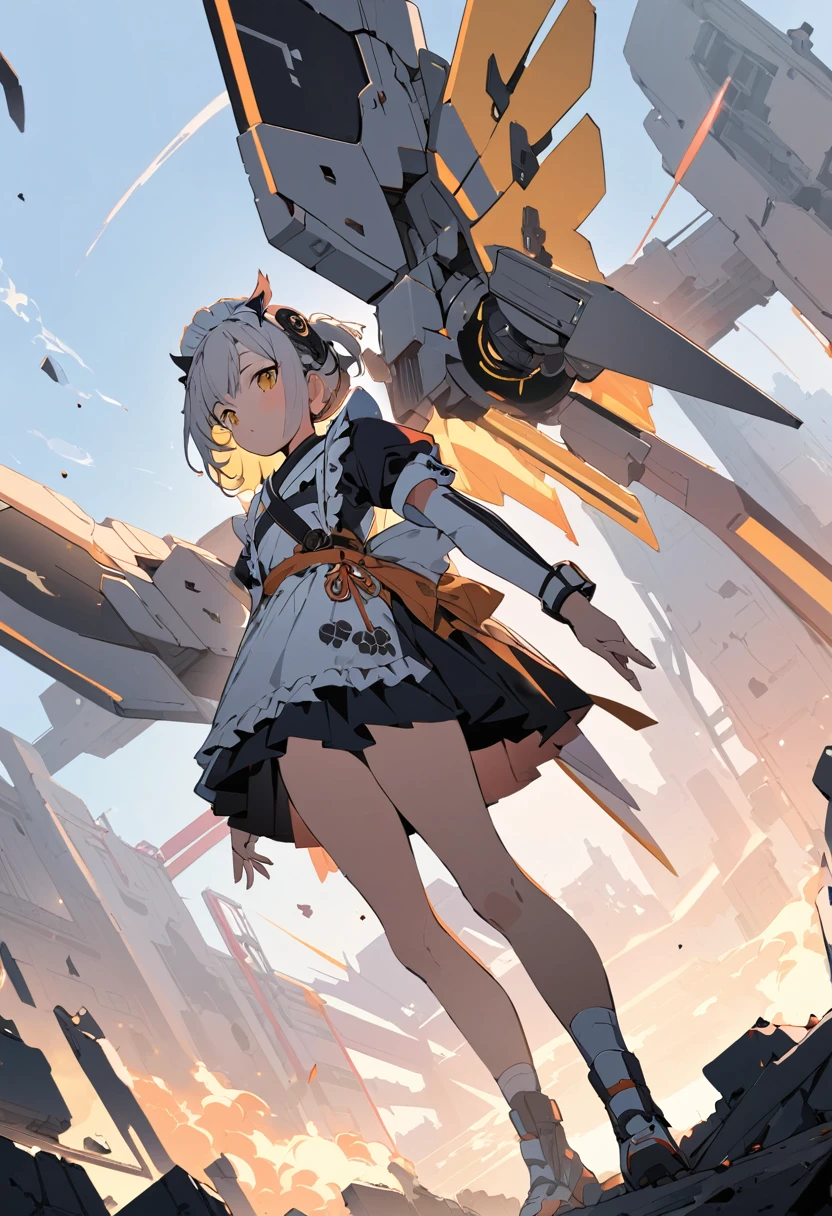 (masterpiece, best quality:1.1), (ultra highres, ultra-detailed:1.2),flatcolor,one girl,tween,short hight,(wearing japanese maid costume),Mech wings on her back,owl symbol, BREAK in mechanical ruins,absurdity, extraordinary,dynamic angle,(pose),magnificent view